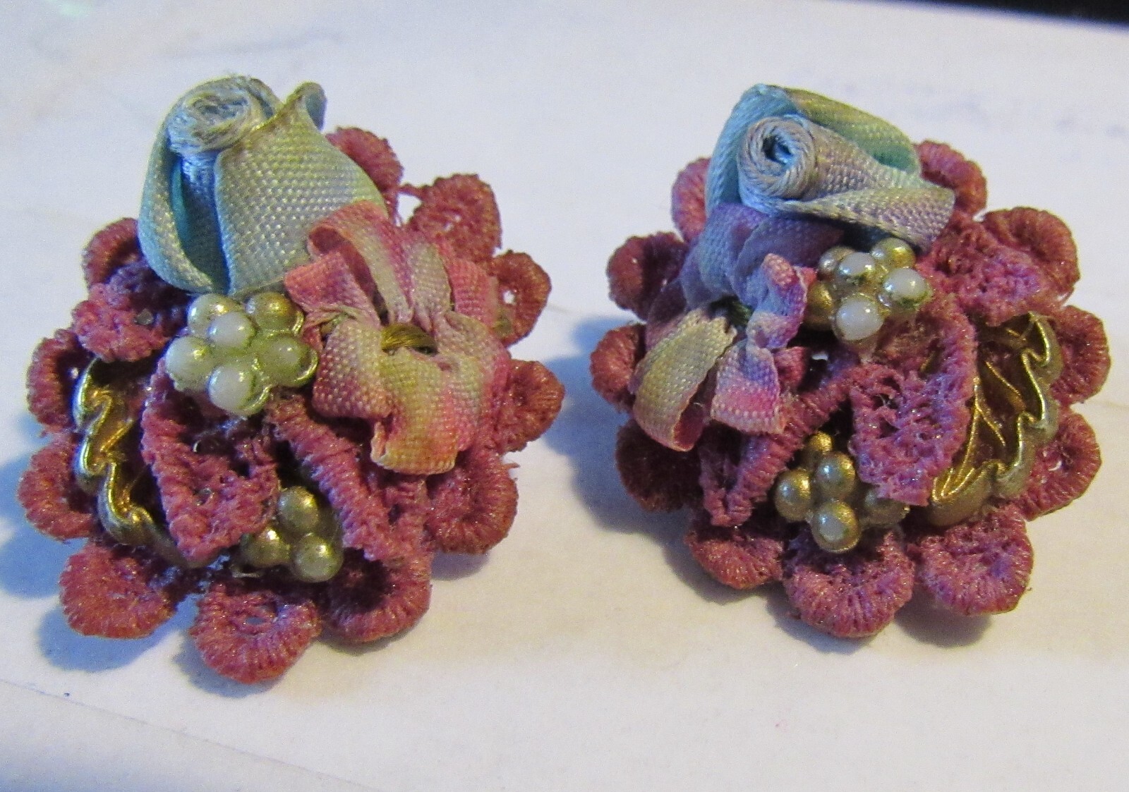 Vintage Crocheted Violet Mauve Tiny Faux Pearls Pale Blue Satin Roses Earrings