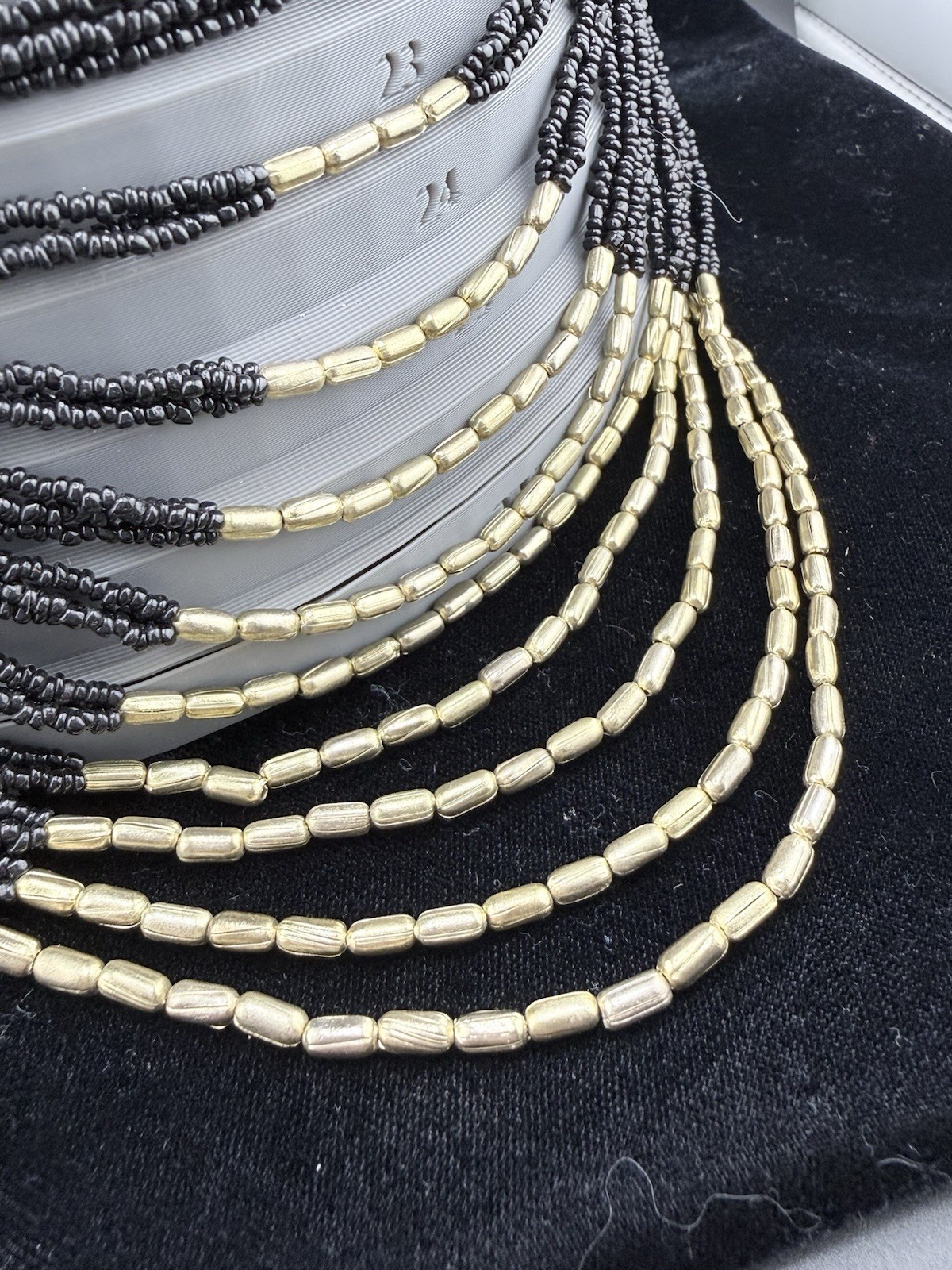 Vintage Black & Gold Multi-Strand Seed Beaded Statement Necklace – Stunning!