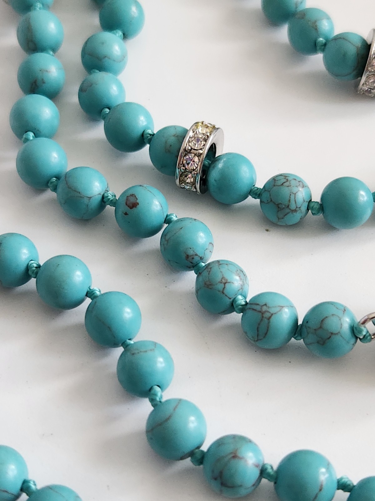 Vintage Genuine Turquoise Pave Rhines Hand Knot Necklace 50″ Mag Adjust 16 + 34