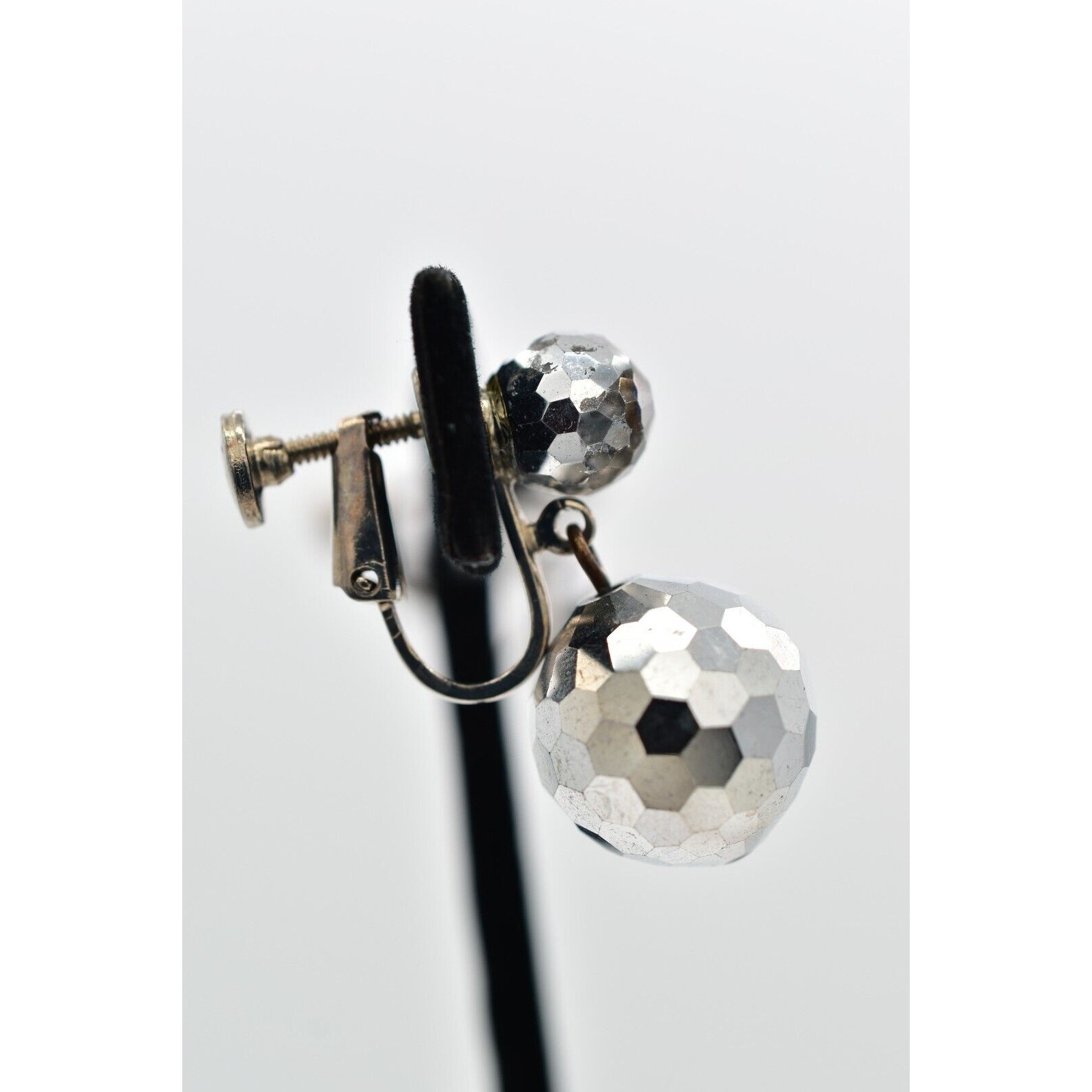 Vintage Crystal Clip On Earrings Silver Dangle Disco Ball Drop Glam 1950s A24