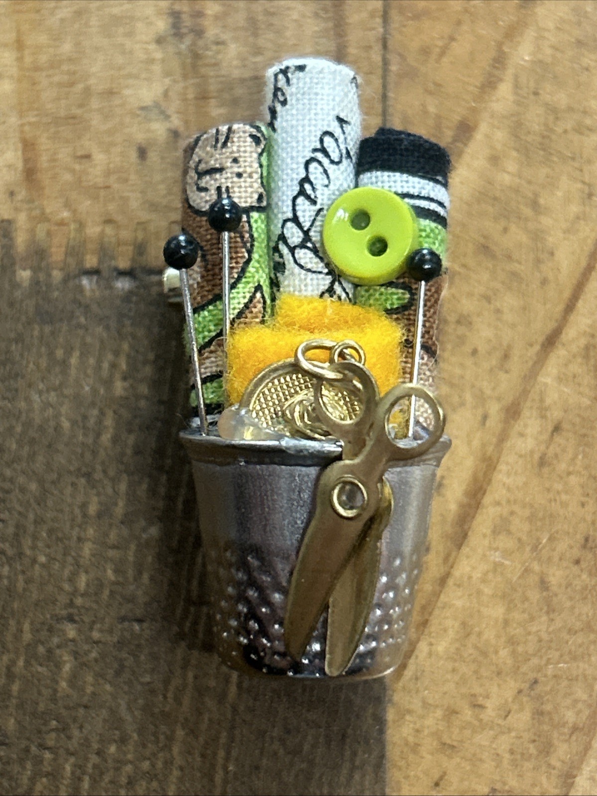 Vintage Handmade Sewing Kit Tin Thimble Cup Scissor, Pin, Fabric Samples Brooch
