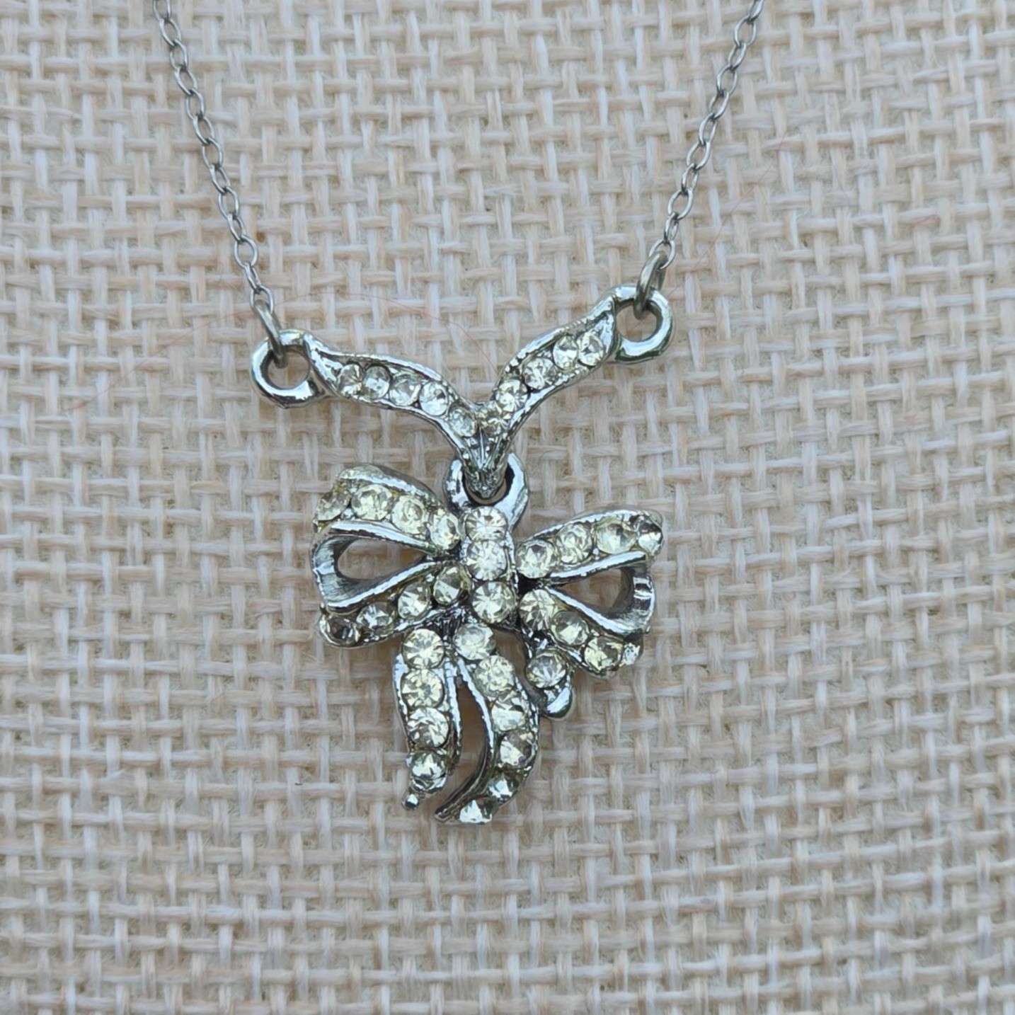 VTG Sterling Silver Bow Pendant Necklace Rhinestones Chain Elegant Jewelry Gift