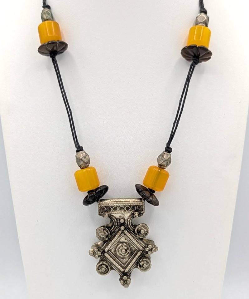 Vintage Coptic Amber Tribal Necklace Yellow Boho Moroccan Berber Amulet Pendant