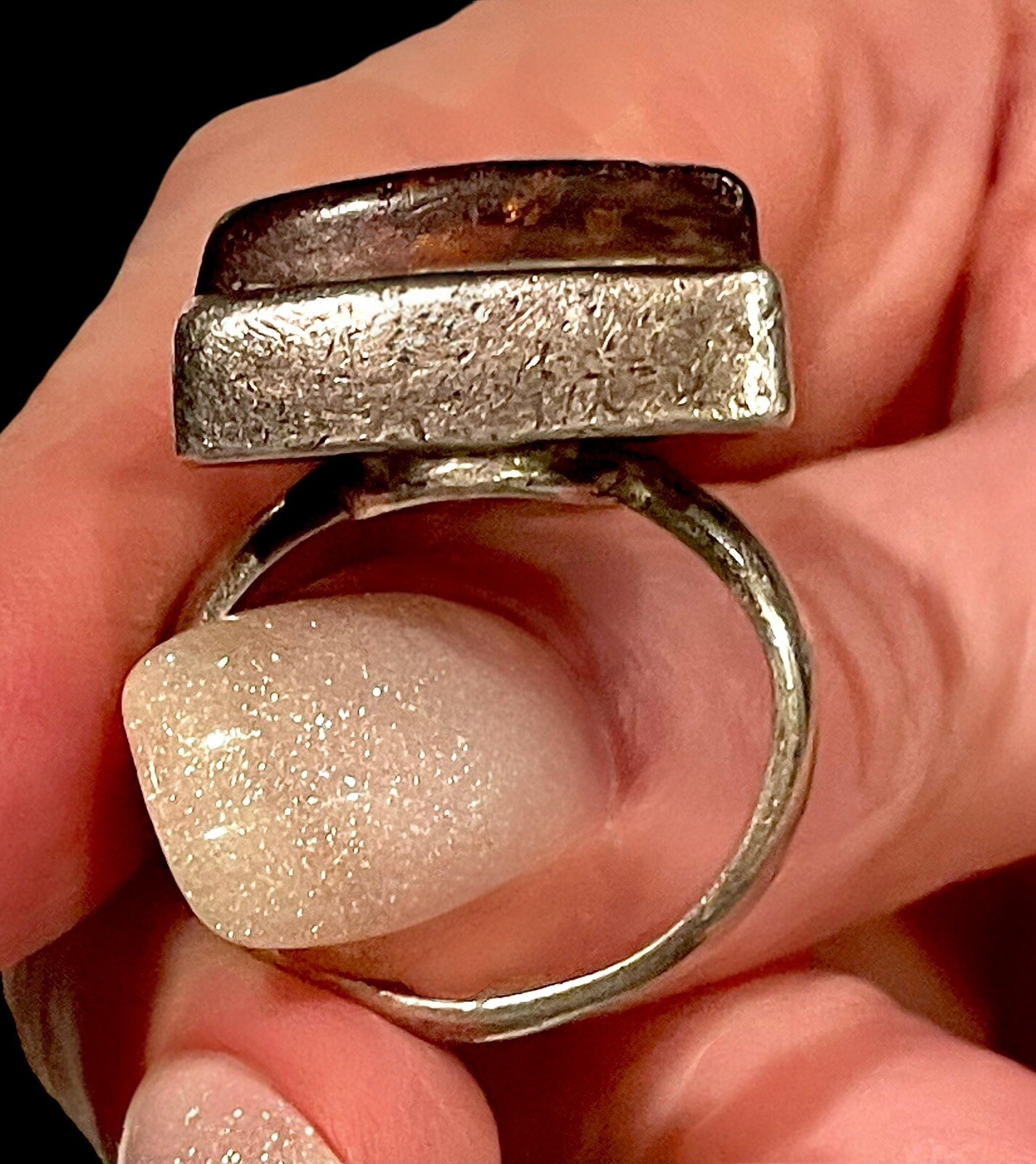 Vintage Baltic Sea COGNAC AMBER Ring Sz 6 Brutalist Sterling Silver 10g Nice EUC