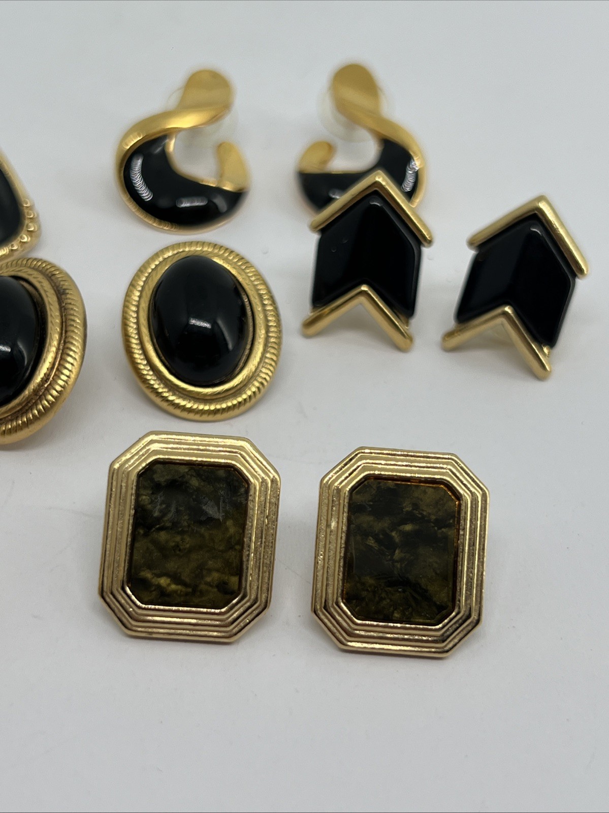 8 Vintage Goldtone Black Enamel Green Pierced Earrings Monet Trifari Avon