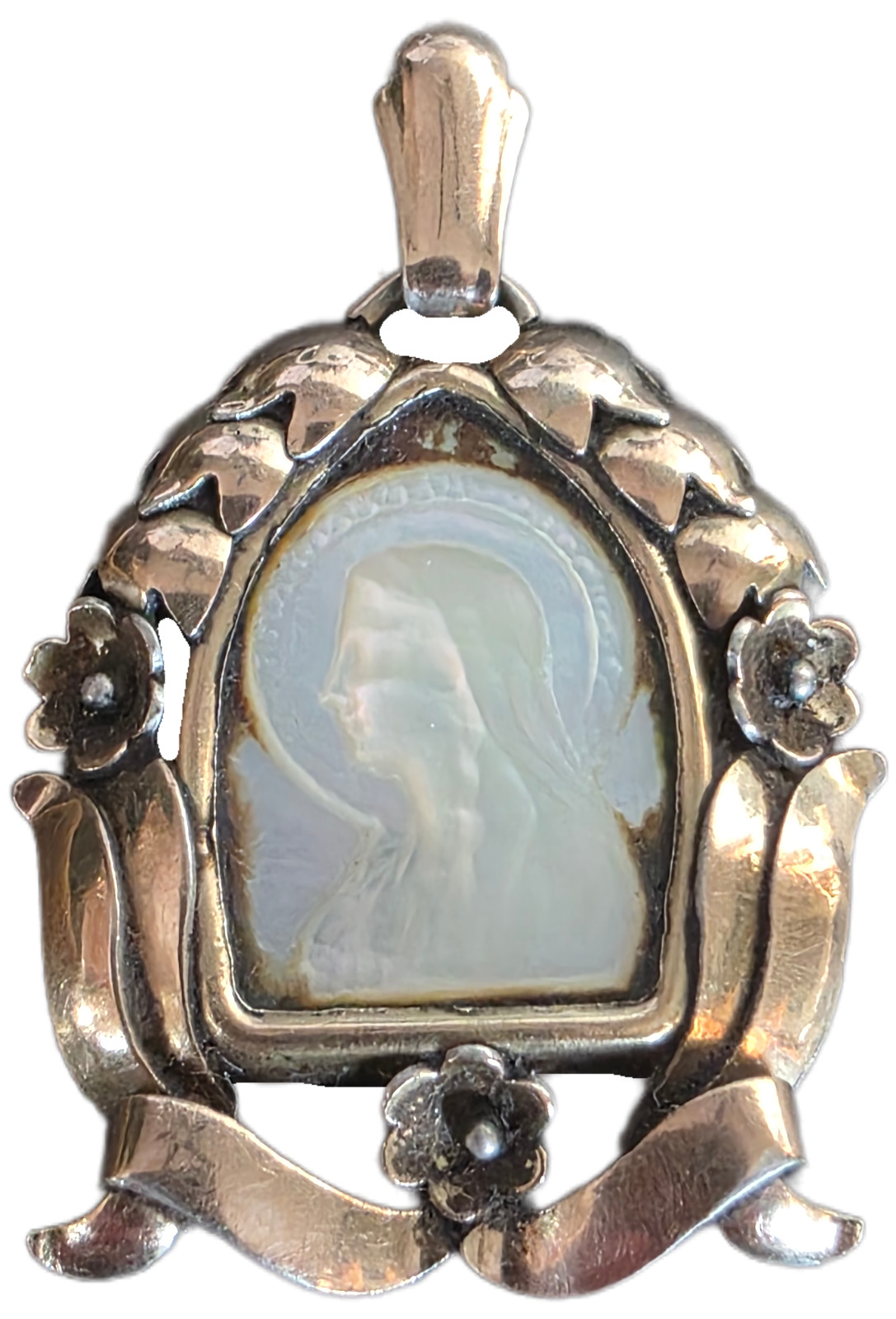 Antique Silver-Gilt Devotional Pendant with Mother-of-Pearl Madonna, c. 1890