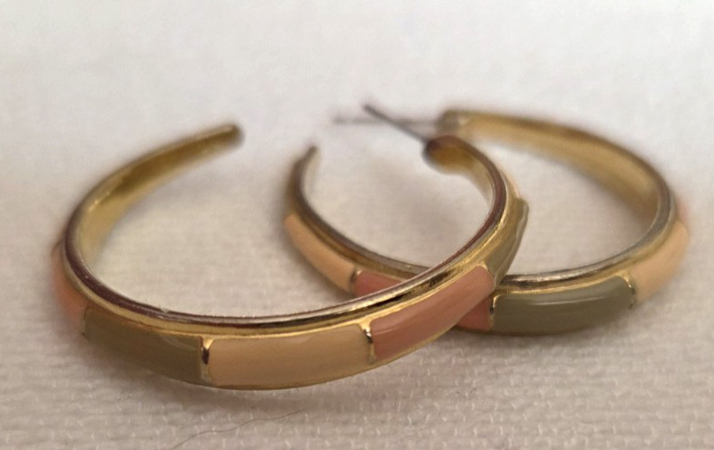 Vintage Express Gold Toned Pierced Hoop Earrings With Muted Pink & Green Enamel