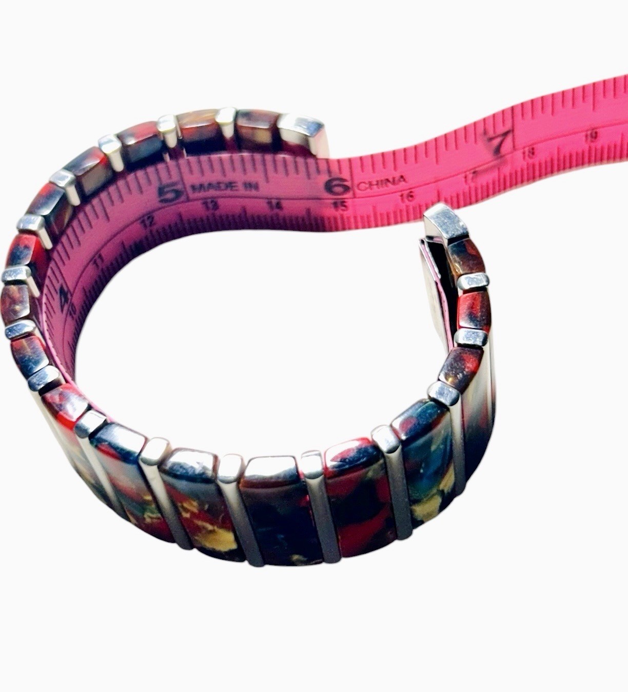 Vintage Acrylic Stretch Cuff Bracelet Marbled Red Gold Blue Silver Tone Bars Y2K