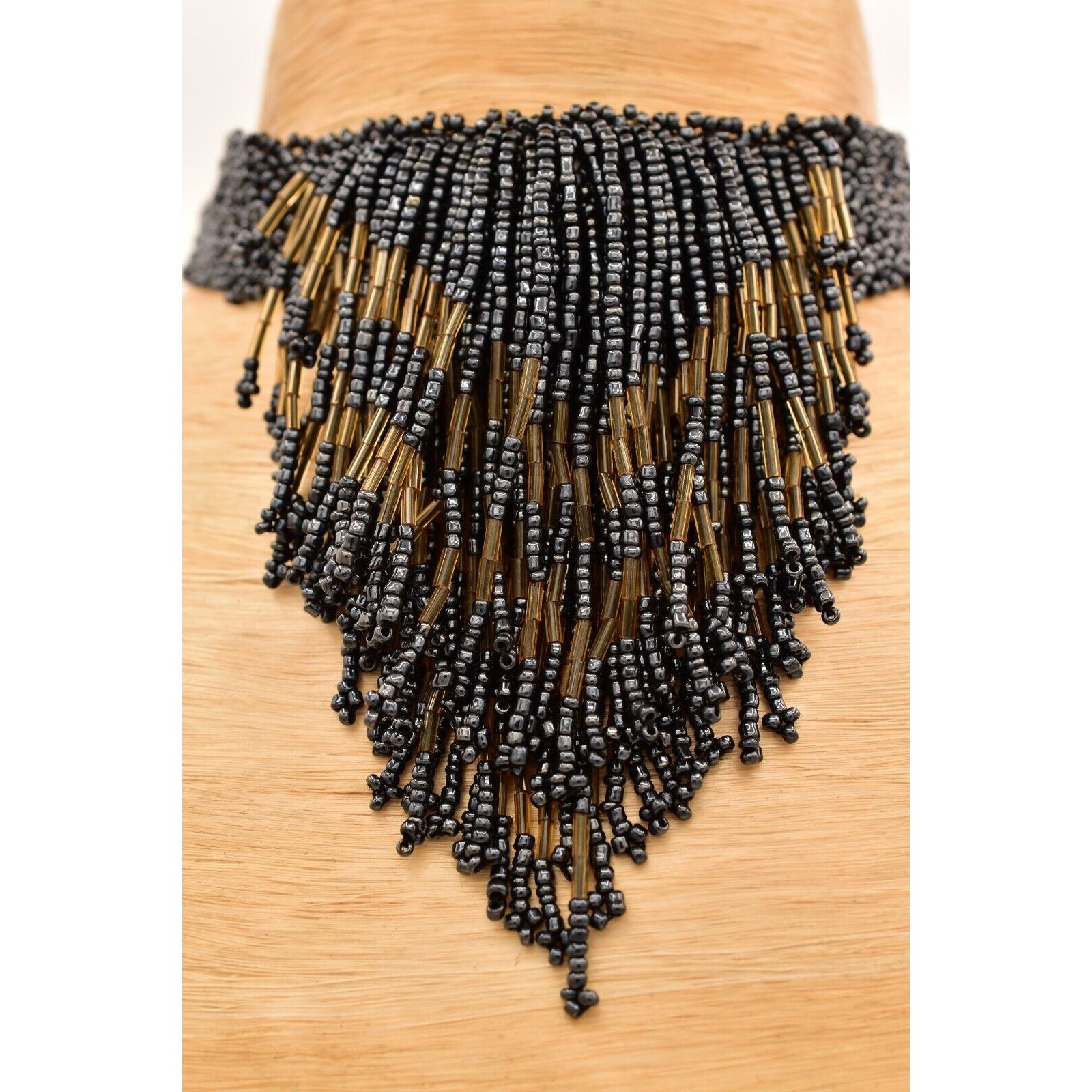 Vintage Statement Choker Necklace Fringe Bib Collar Beaded Gray Chunky 90s BinBE