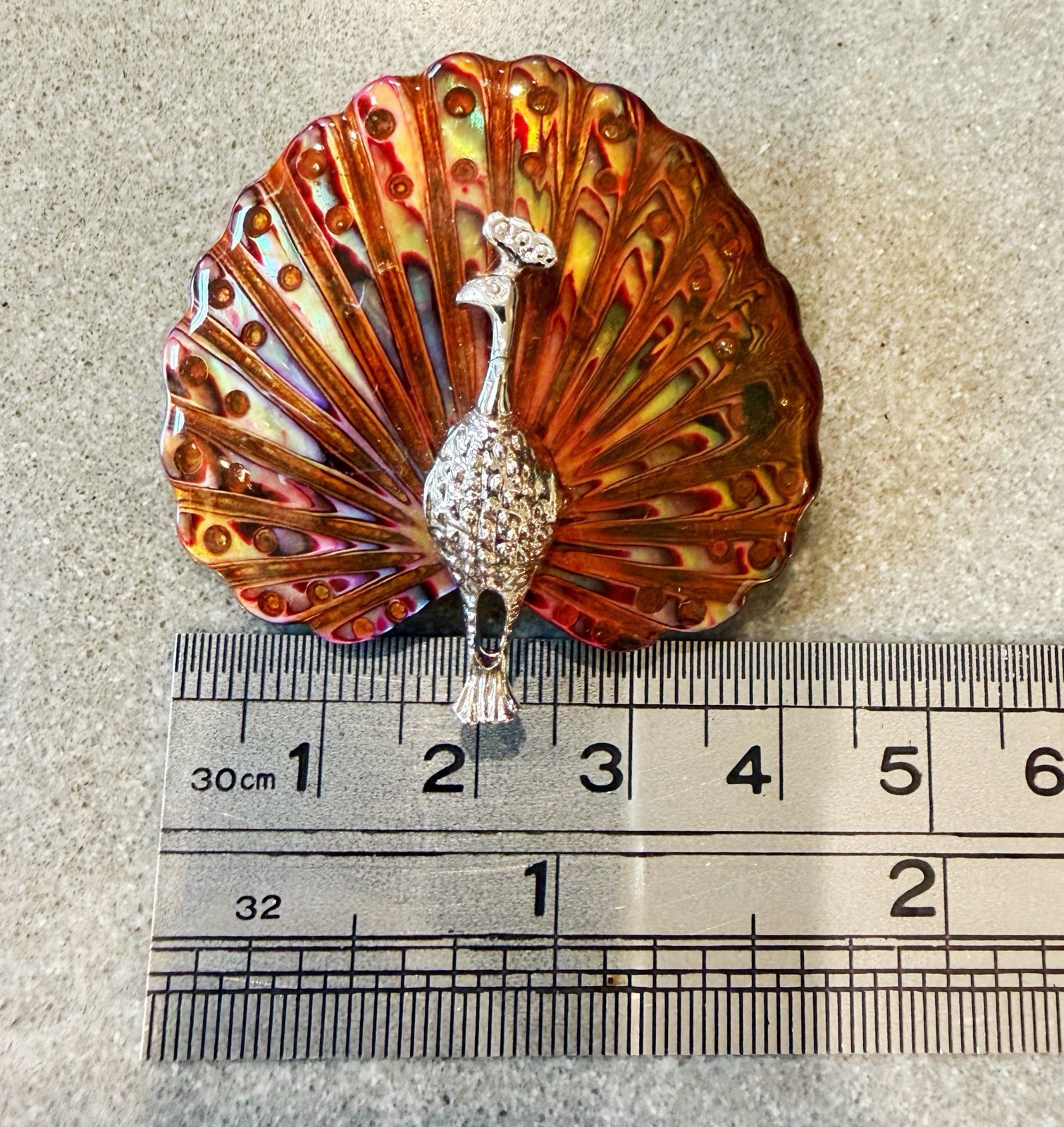 Vintage Peacock Bird Abalone Brooch Pin Paua Shell Silver Tone Art Nouveau style
