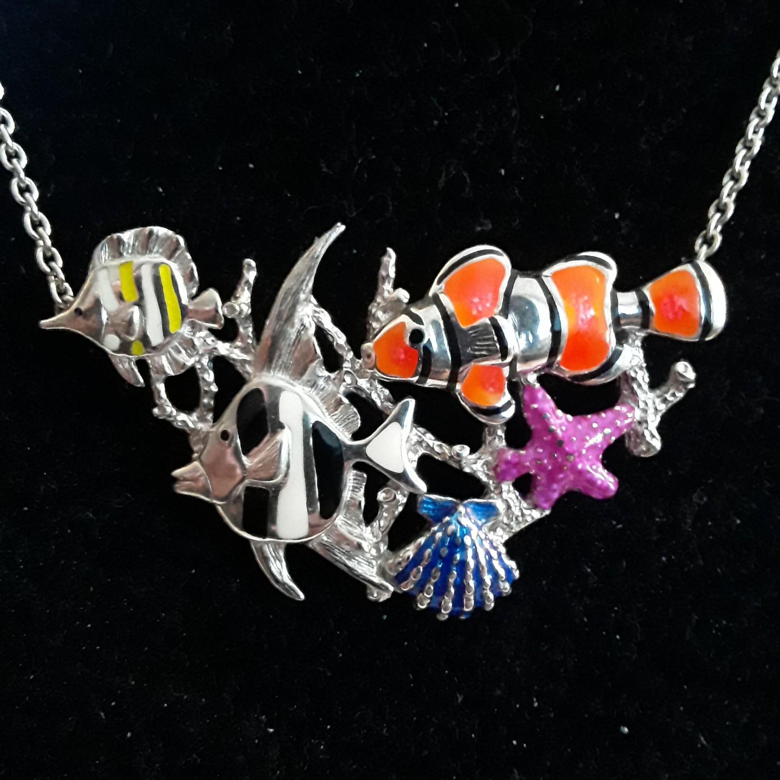 Kabana Sterling Silver 925 Enamel Tropical Fish Sea Life Necklace Multicolor 19″