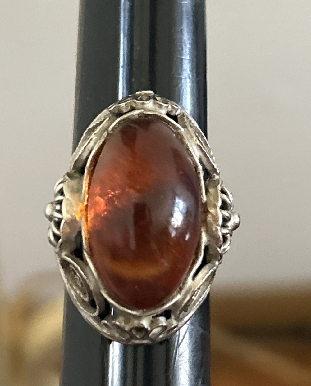 Antique silver plated brass amber ring size 7