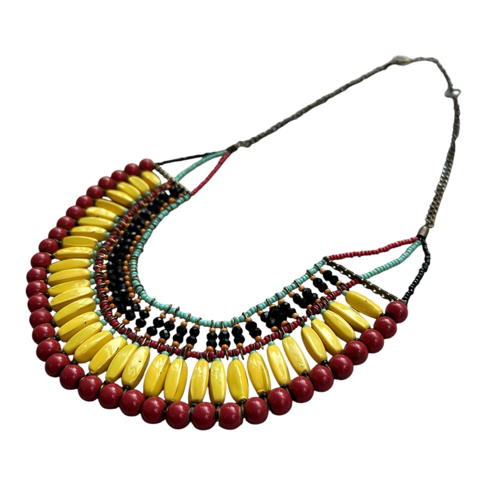 Vintage Tribal Statement Necklace Multicolor Beaded Bib Boho Ethnic Choker
