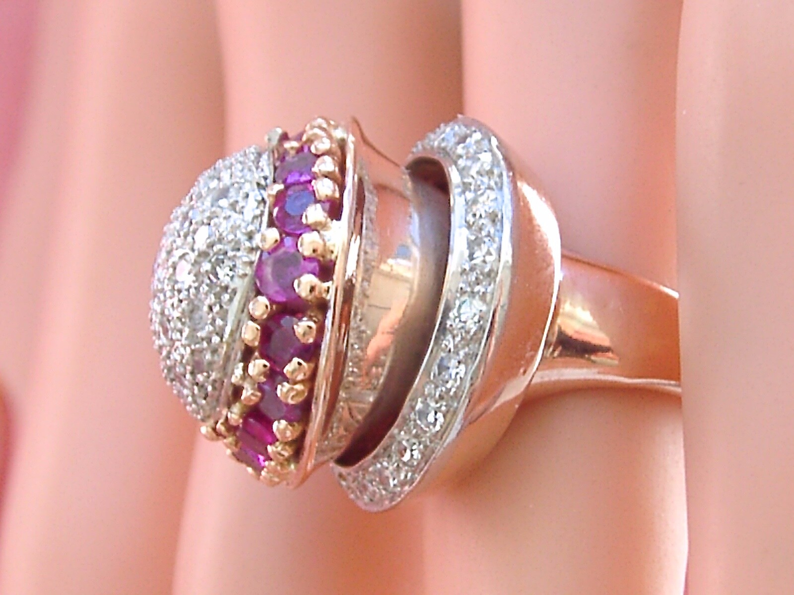 VINTAGE RETRO 1.38ctw DIAMOND 1.23ctw RUBY ATOMIC SPACE COCKTAIL PINKY RING 1940