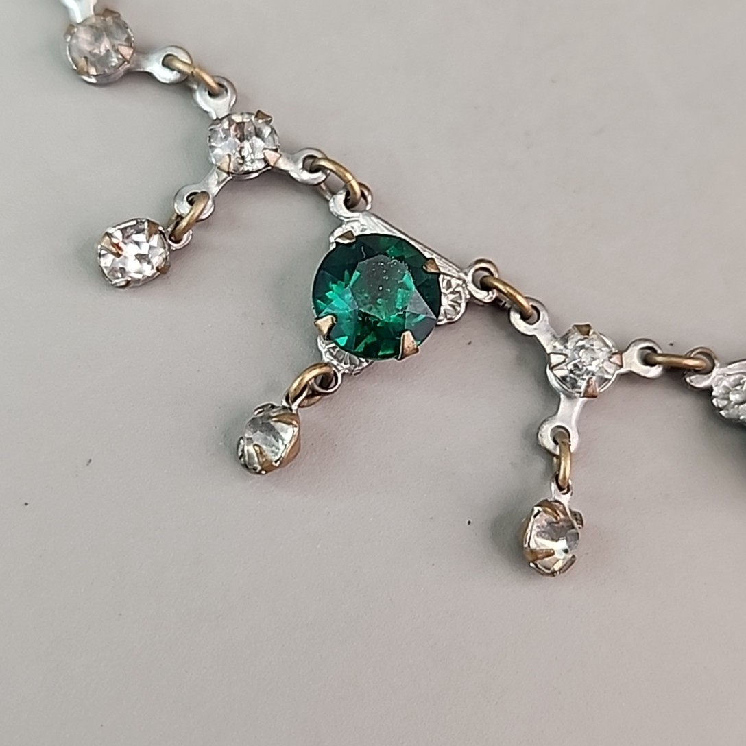 Vintage Rhinestone Necklace Festoon Green Glass Drops Multi-tone 16″ 1940s