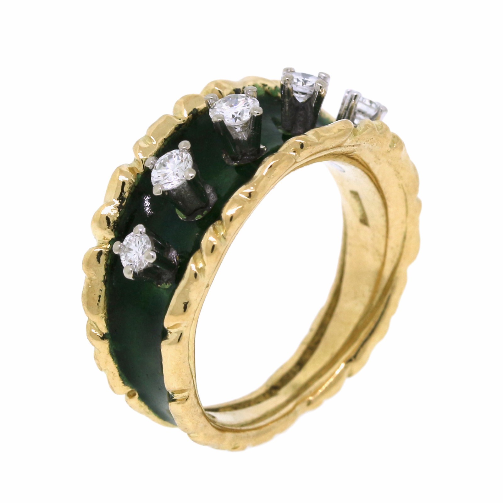 Tiffany & Co 18K Yellow Gold Diamond Green Enamel Ring Size 4.75