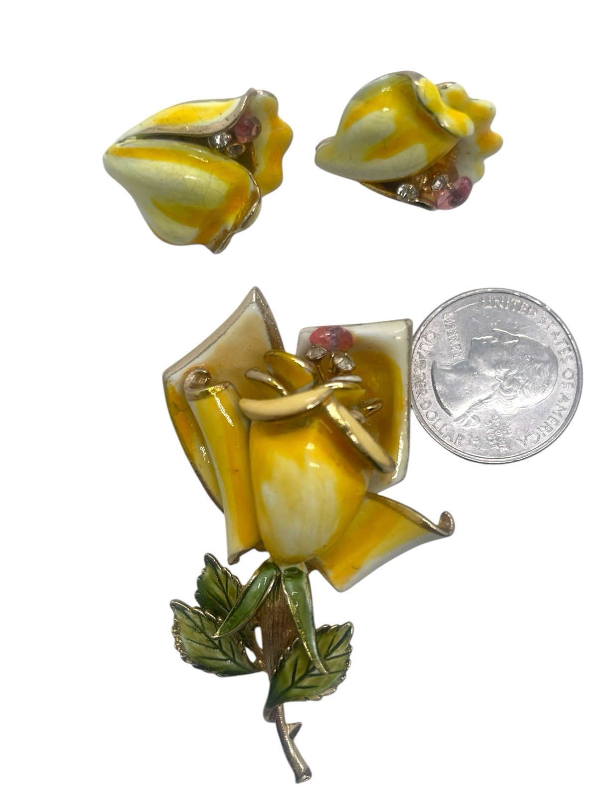Stunning Enameled Rose Figural Brooch & Earring Set by Robert w/Rhinestones!