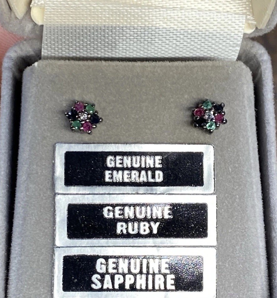 Sterling Silver 925 Genuine Ruby Emerald Sapphire Stud Earrings Cluster Estate