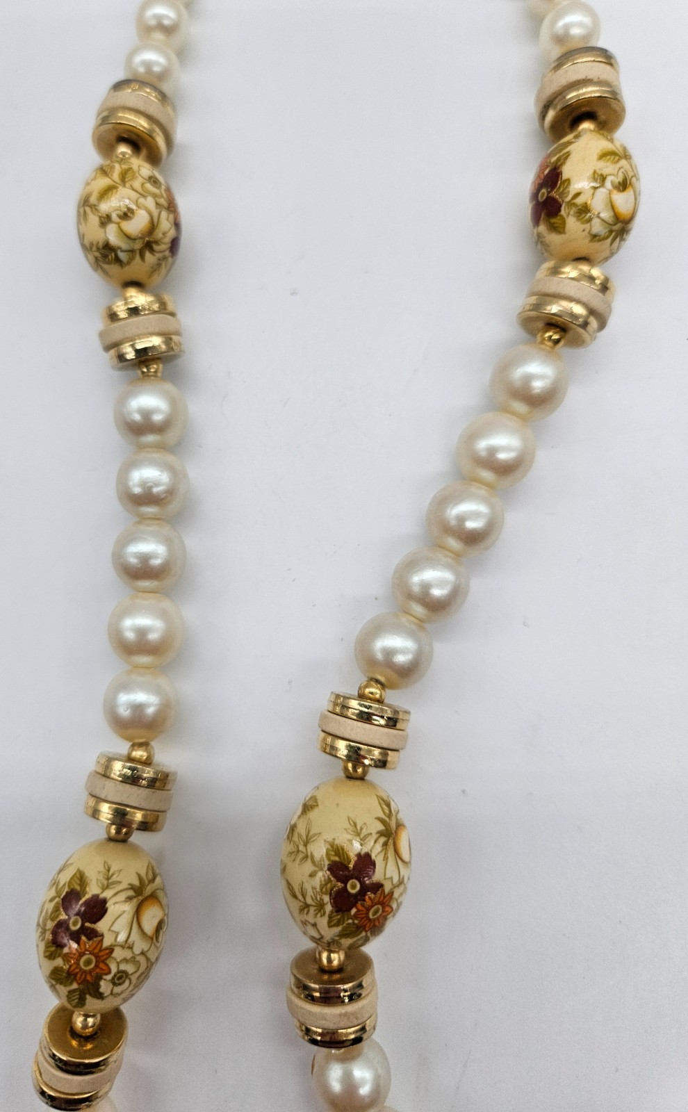 Vintage Japan Faux Pearl Painted Floral Flower Bead 26” Necklace