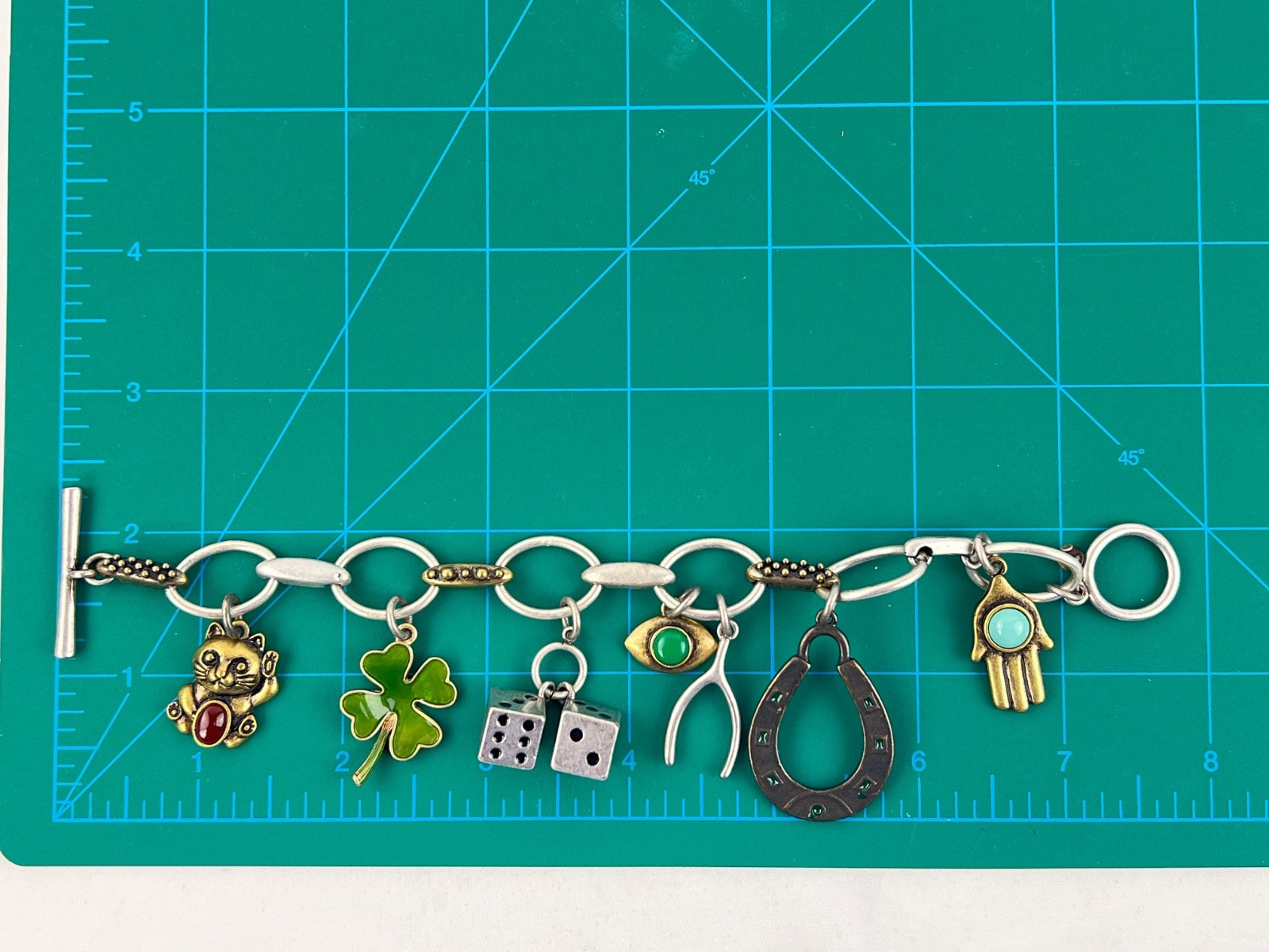 Matte Silver Metal Good Luck Charm Bracelet Dice Shamrock Wishbone Horseshoe 8″