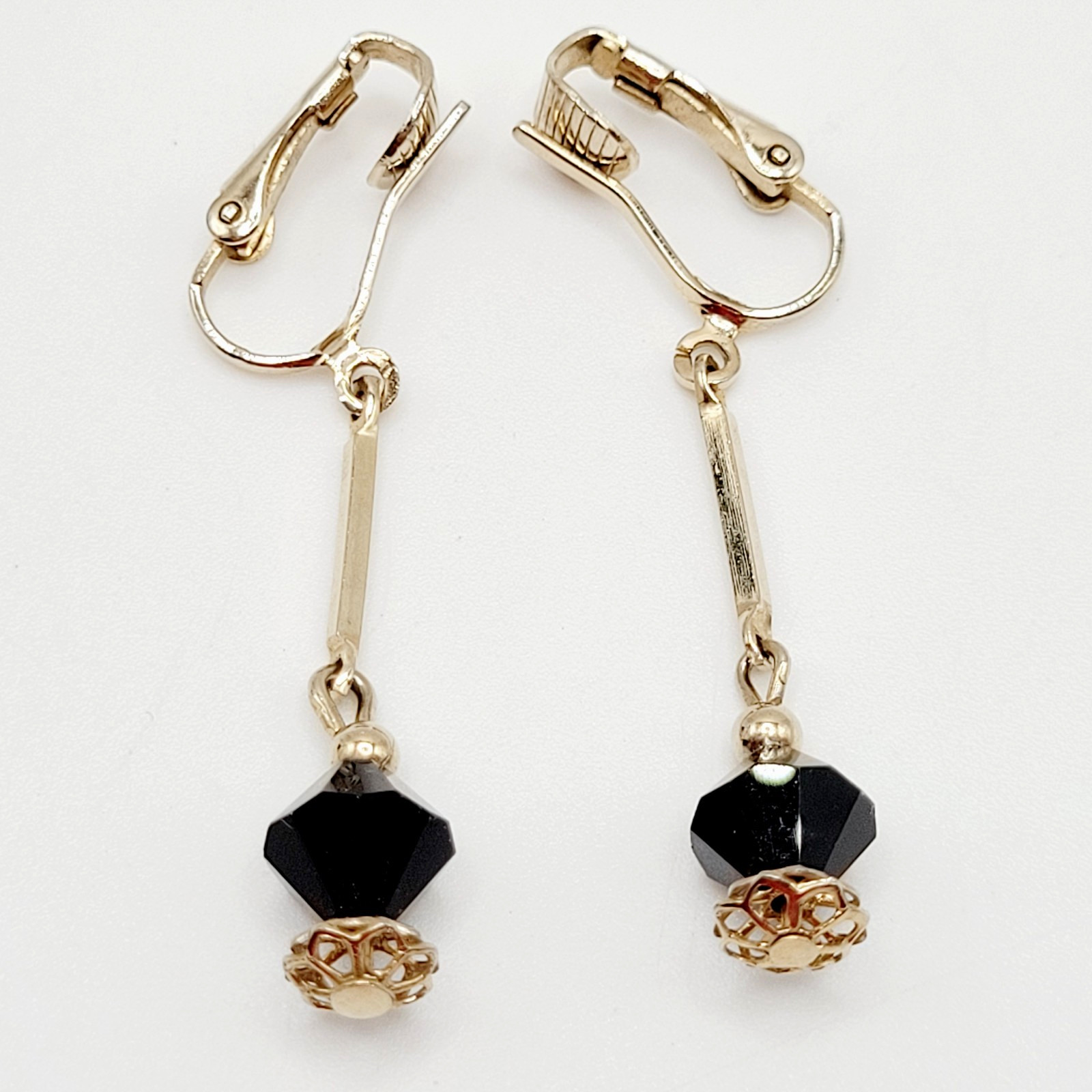 Minimalist Art Deco Drops Black Bicone Crystal Gold Tone Vtg Clip On Earrings