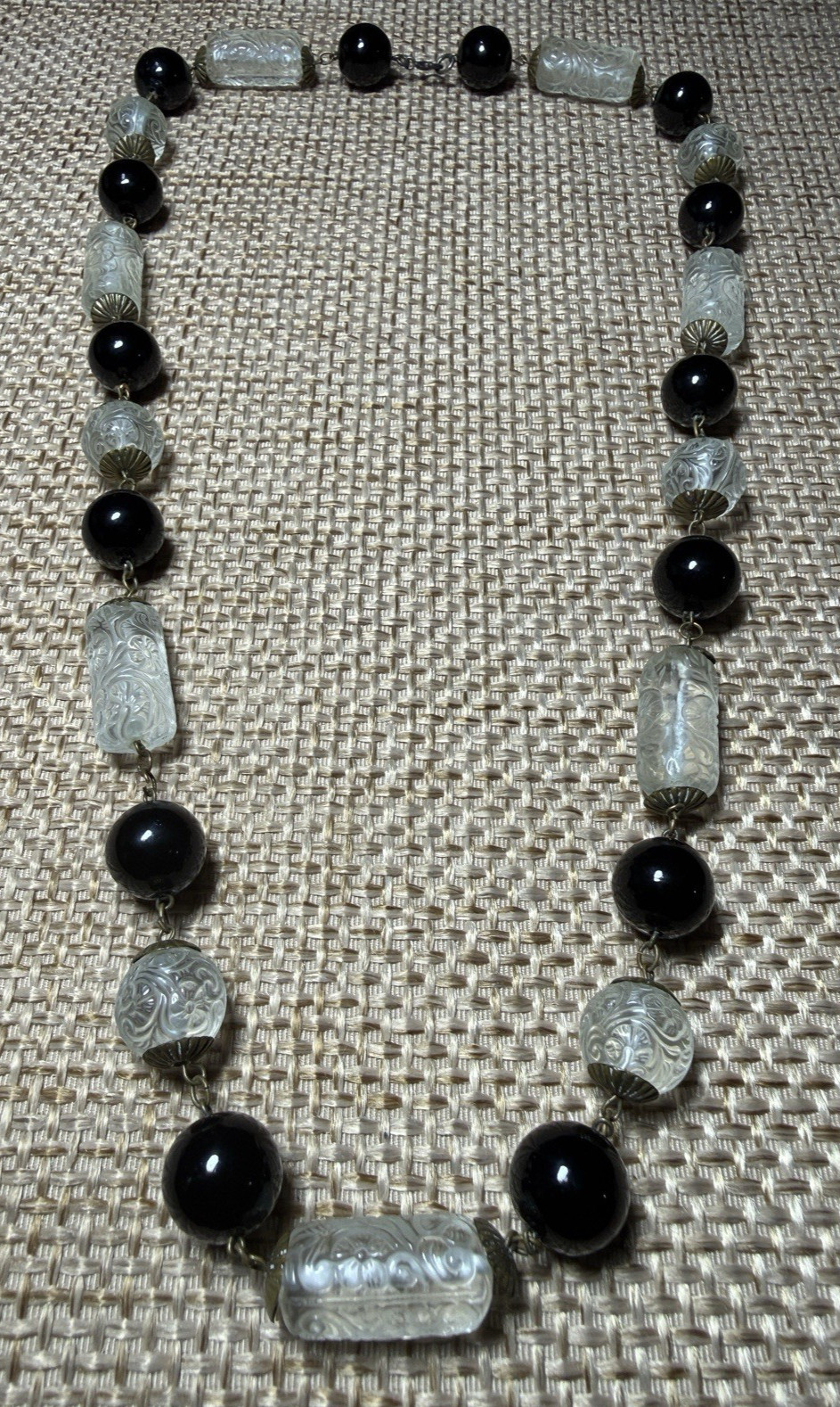 Vtg Molded Pressed Glass Bead Necklace Embossed Floral Art Deco Black Clear