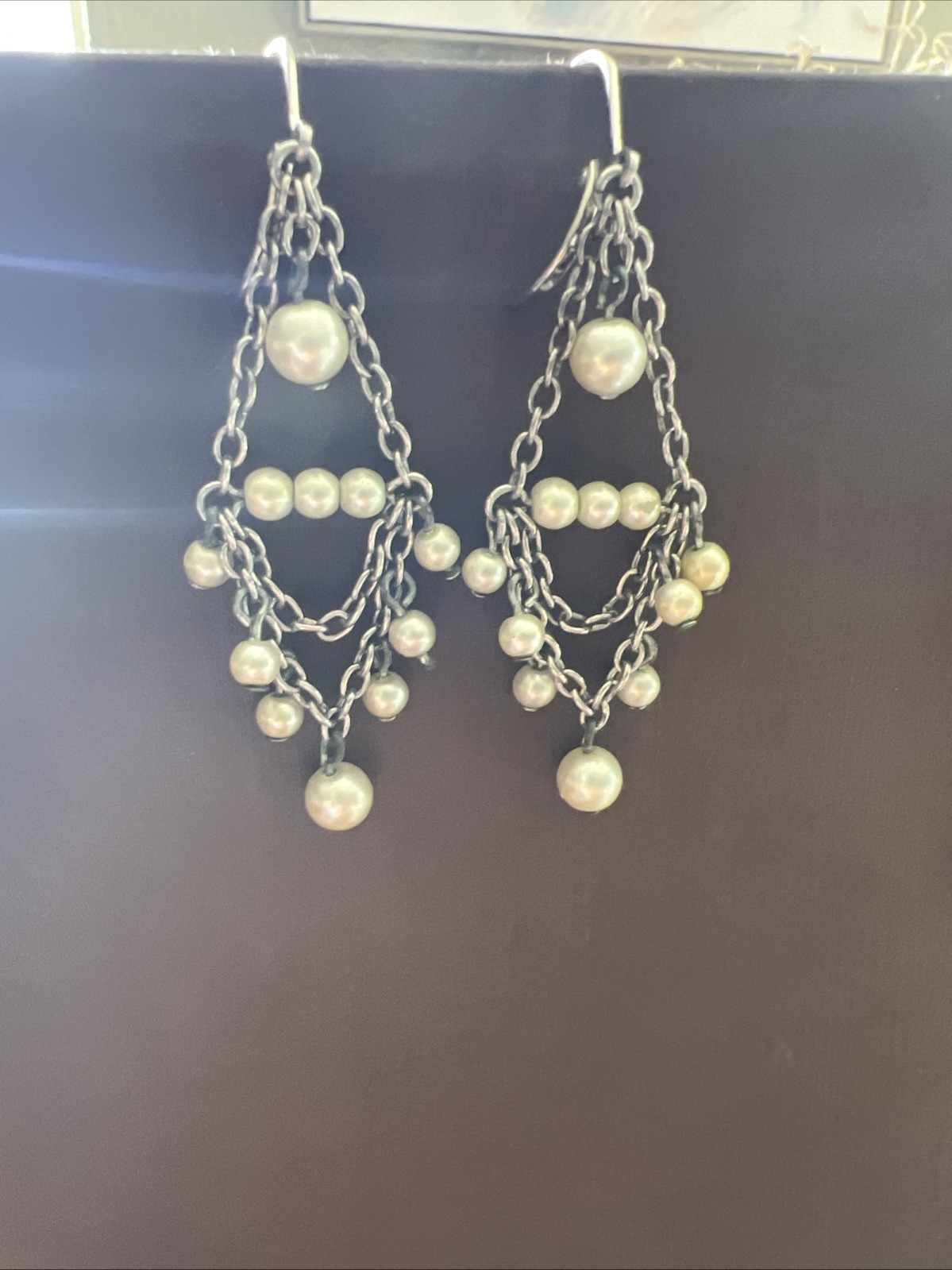 Vintage Antique Brooch& matching Chain& Pearl pierced Earrings.