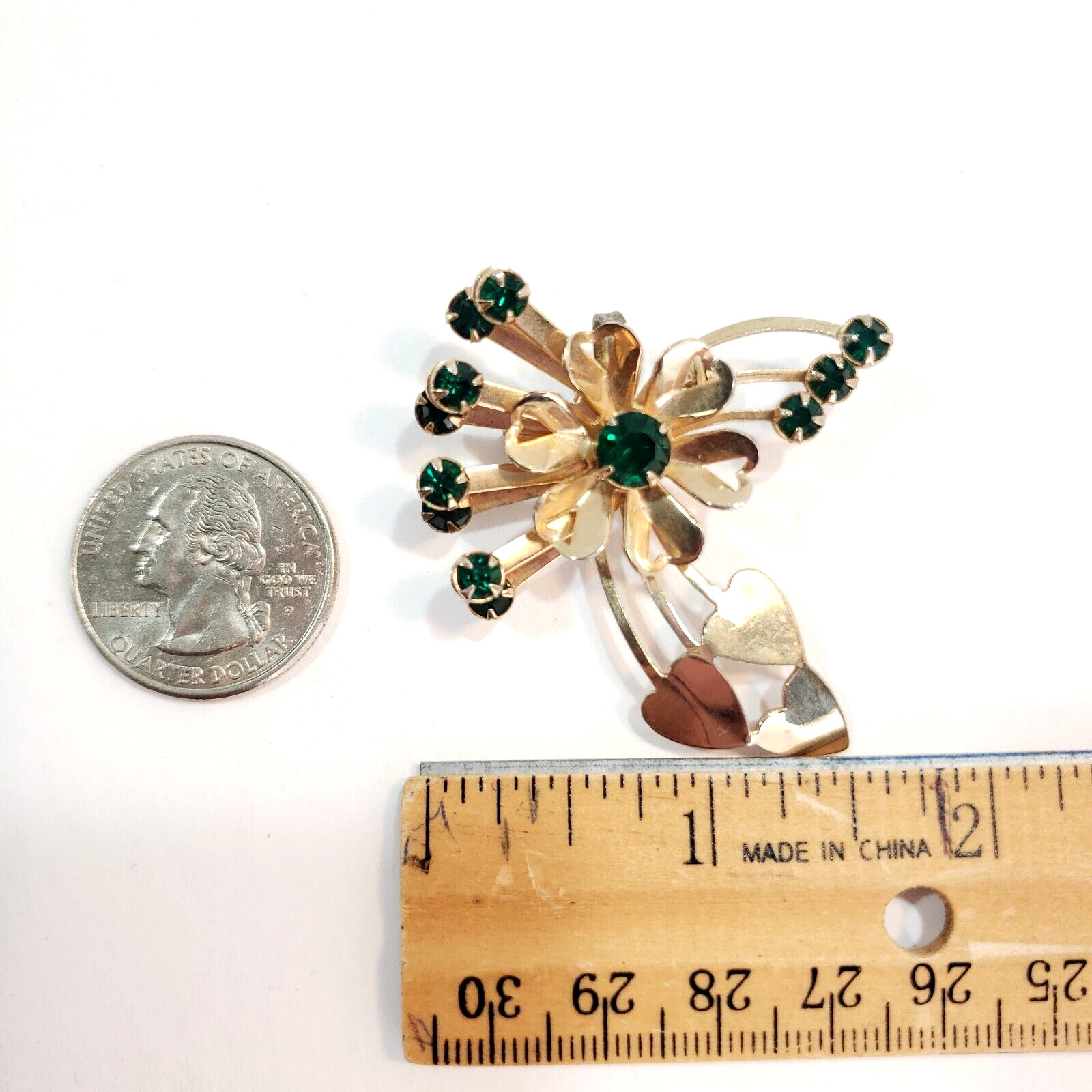 Vintage Green Rhinestone and Gold Tone Pin Brooch Pendant Flower and Hearts