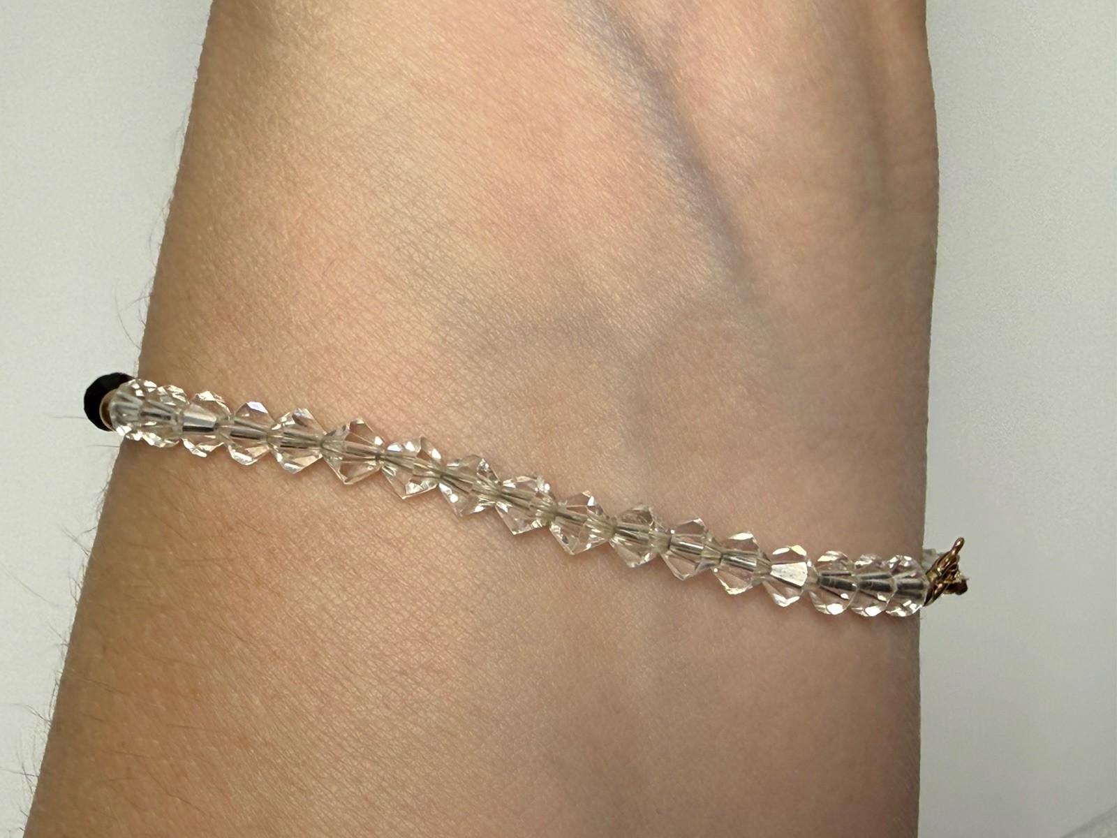 Vintage 14K Gold Bicone Black Clear Crystal Beaded 7” Bracelet