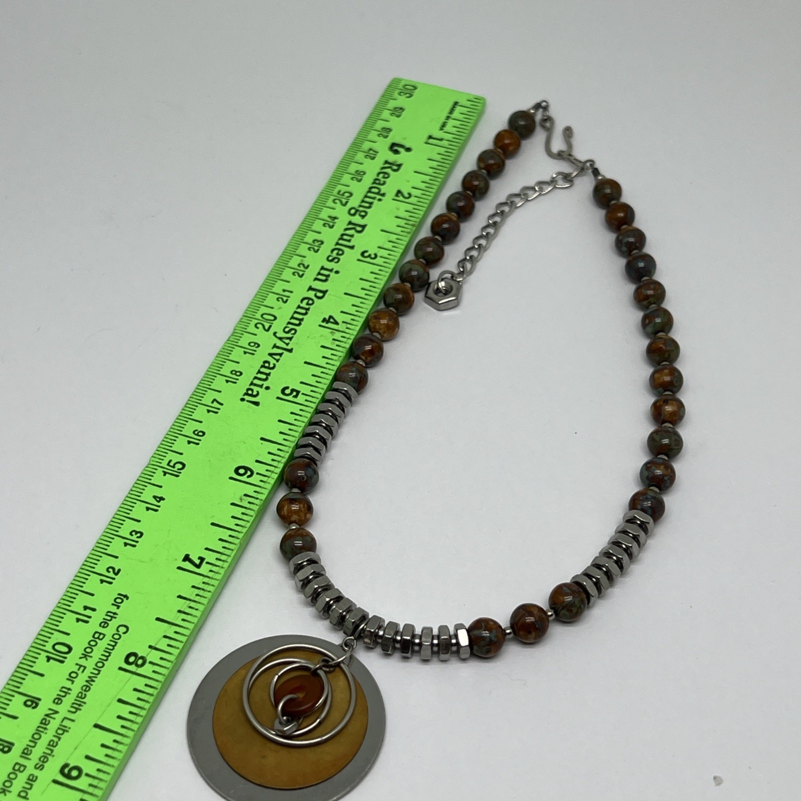 Vintage Modernist Geometric Disk Pendant Necklace Industrial Metal Resin Bead