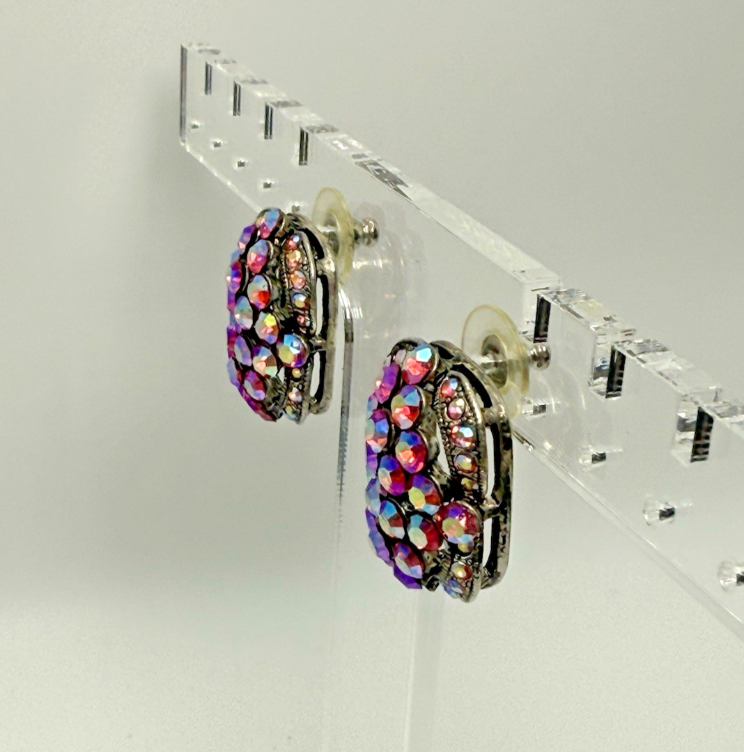 Vintage AB Rhinestone Cluster Earrings Pink Purple Aurora Borealis Gunmetal