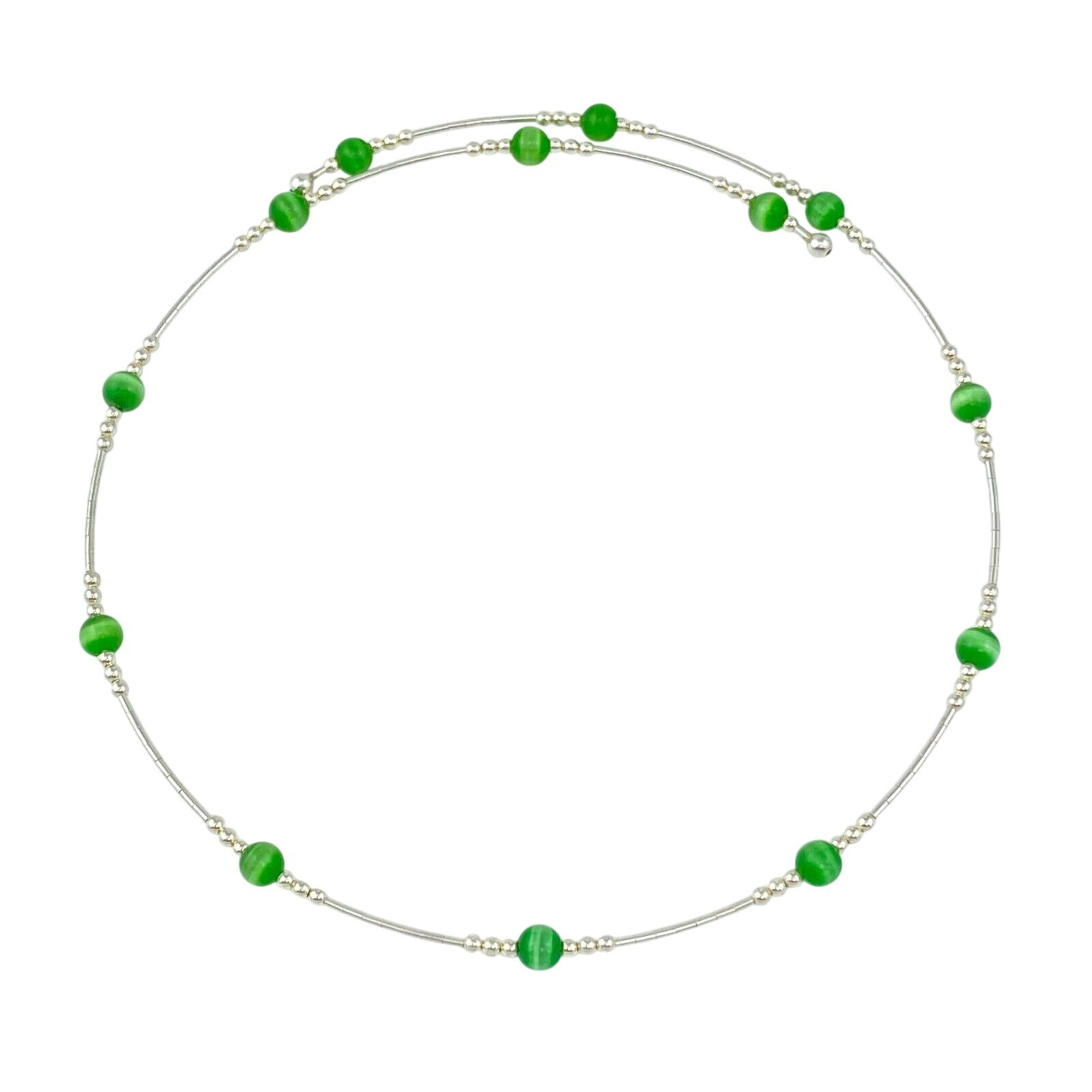 Green Cat’s Eye Tension Wire Necklace | Vintage Sterling Silver | 16″