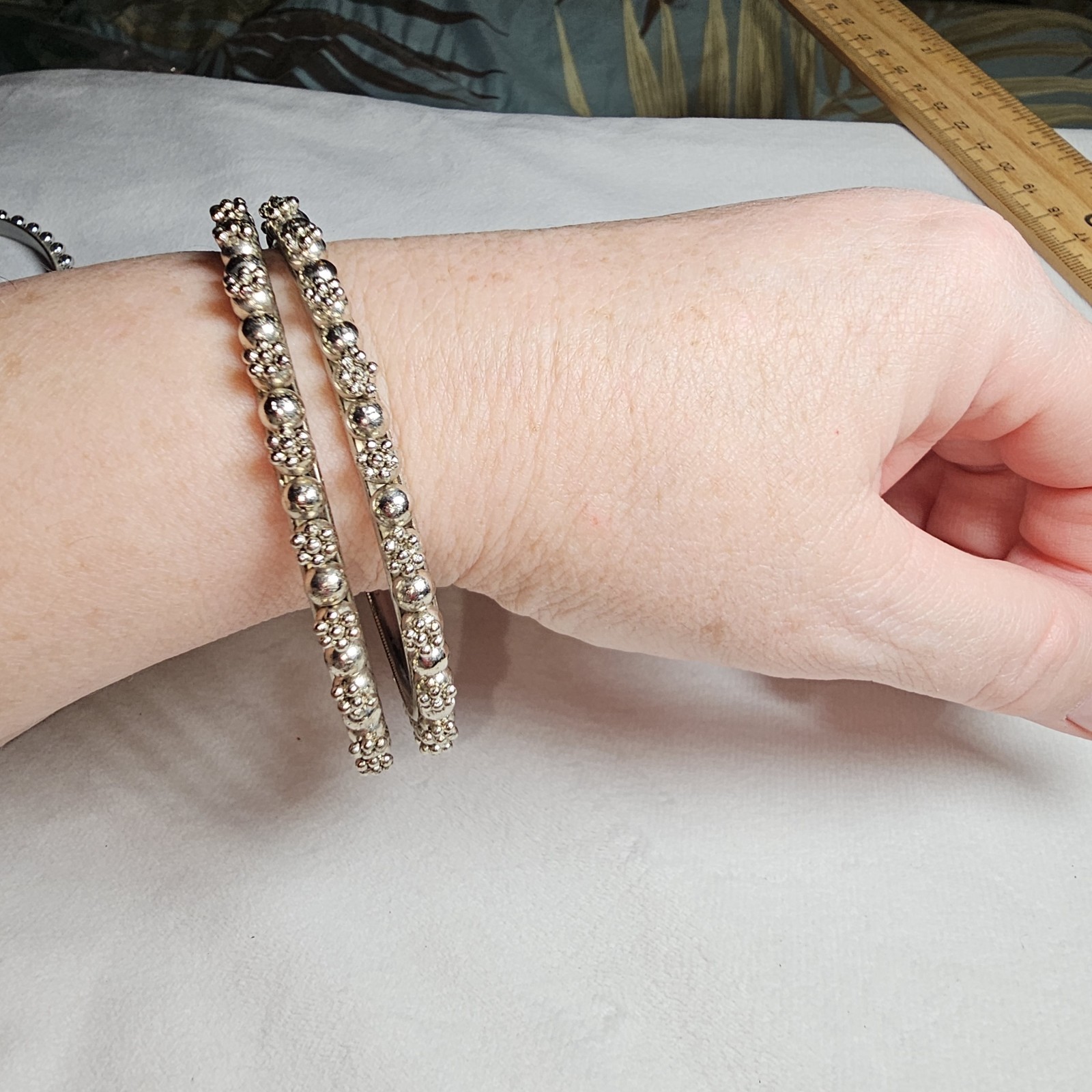 SET OF 3 Vintage Rajasthani Style BANGLE BRACELET Beaded Tribal Silvertone 8.25″