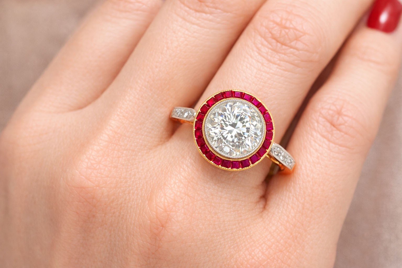 ART DECO GENUINE 1.20 Cts DIAMOND & RUBY ENGAGEMENT RING 18K ROSE SOLID GOLD