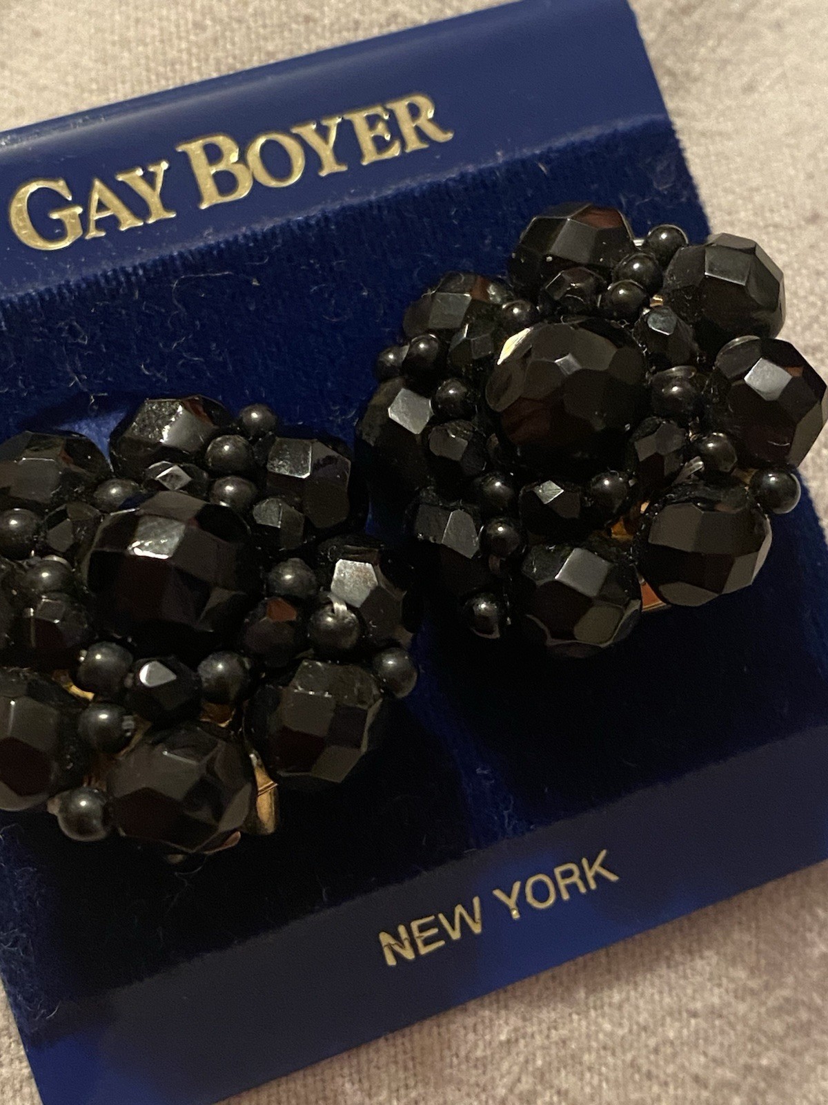Gay Boyer Vintage Clip On Earrings Round Black Shimmer Enamel Gold Tone Flowers
