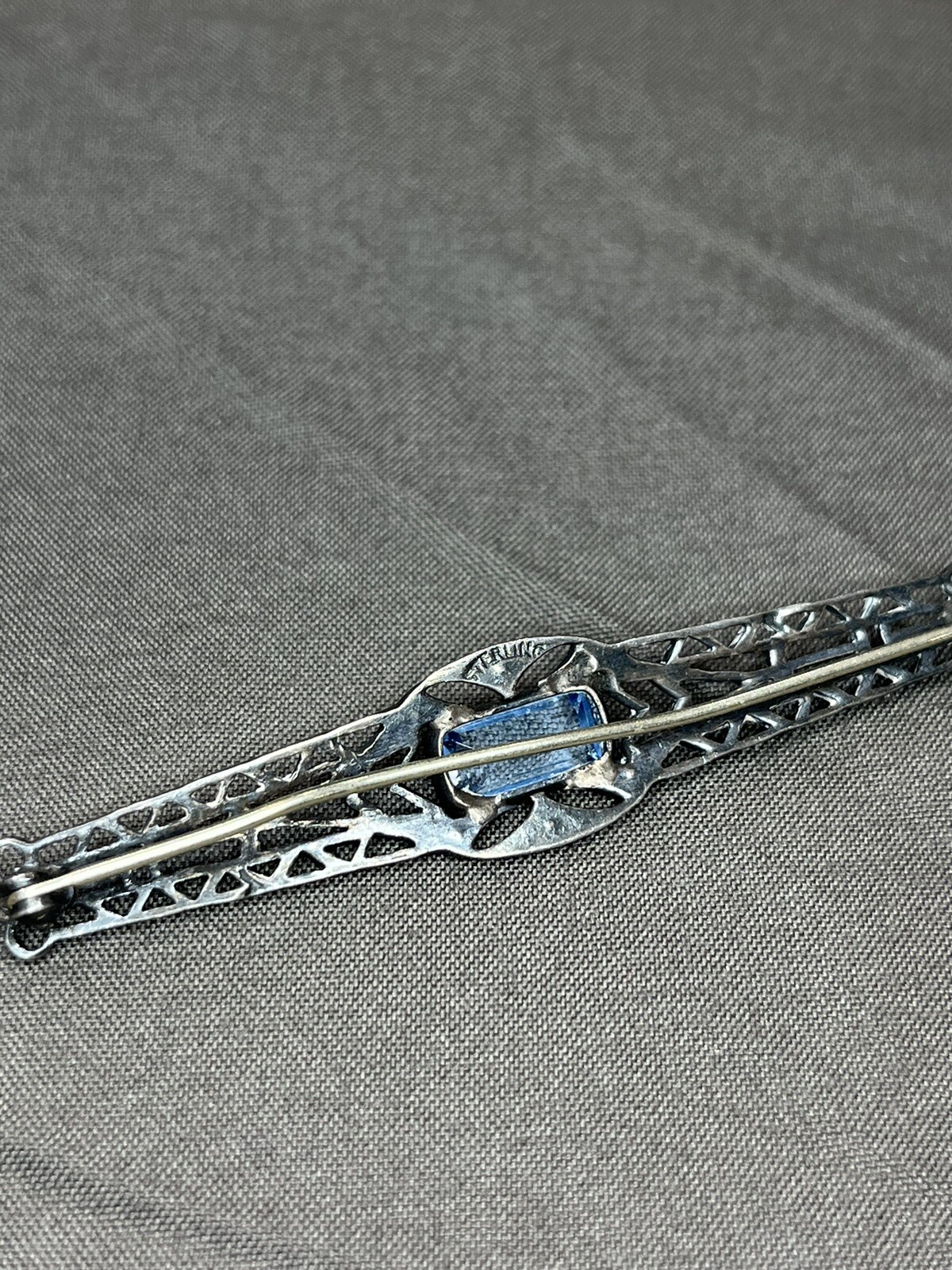 Antique Sterling Silver ART DECO Open Work Bar Brooch Blue Iolite ? & Glass