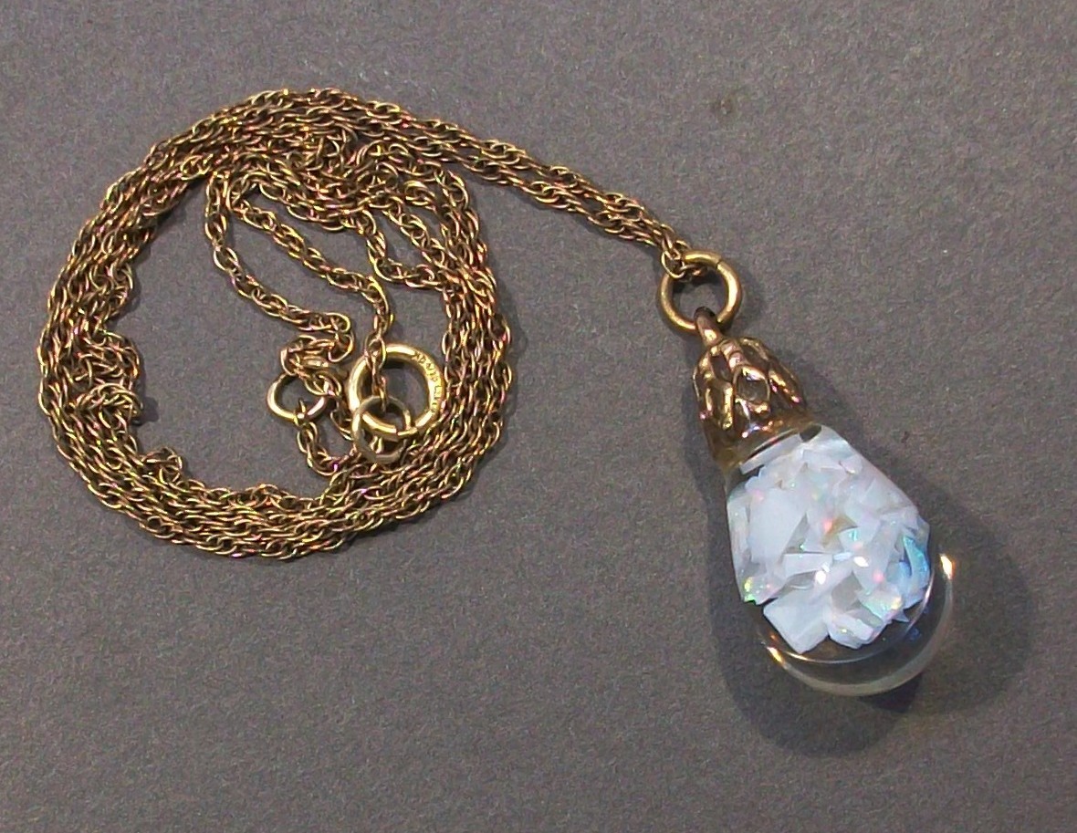 Vintage FLOATING OPAL Teardrop Pendant Gold Filled 18″ Chain Necklace