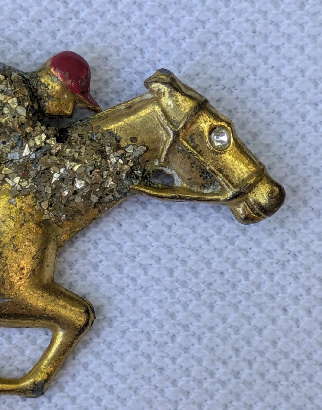 Antique Glass Glitter on Brass Race Horse & Jockey Brooch Pin C Clasp AS IS D92