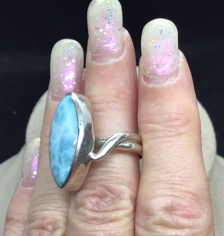 Vintage Silver Plated Long Blue Beryl Stone Ring Sz 8 E916