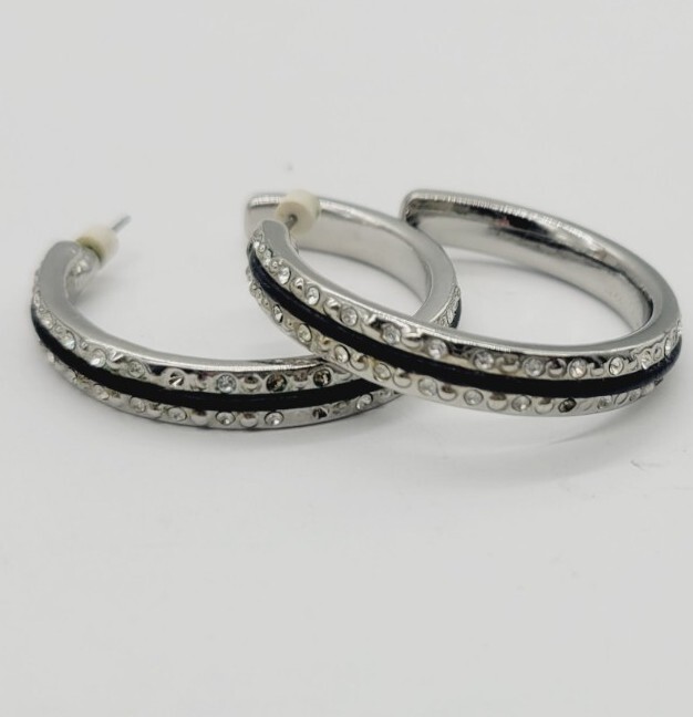 Nine West Hoop Earring Silver Tone Black with Crystal accent Pierced 1.5 in