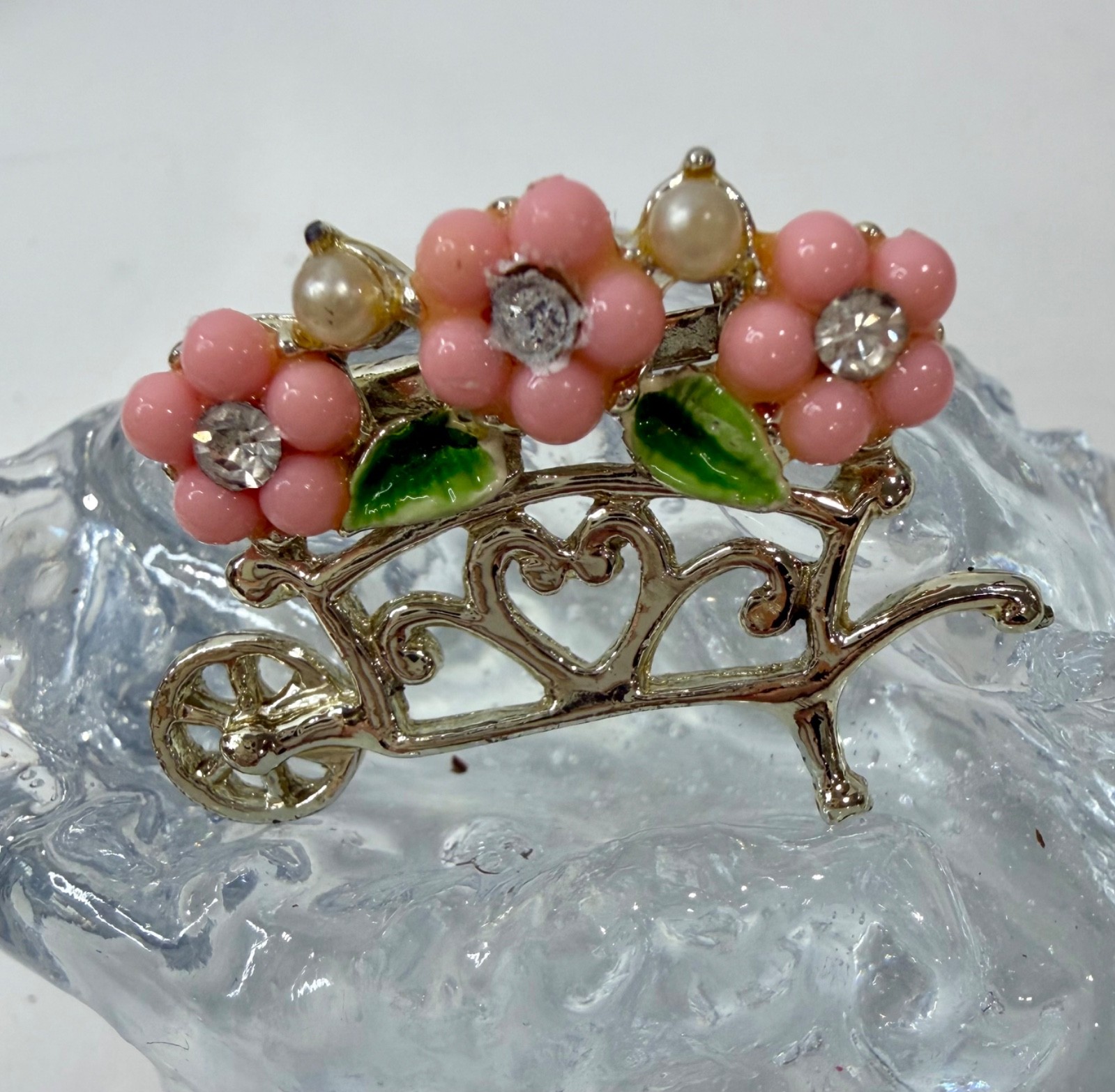 Vintage Gold Tone Pink Flowers with Whimsical Garden Wheelbarrow Brooch