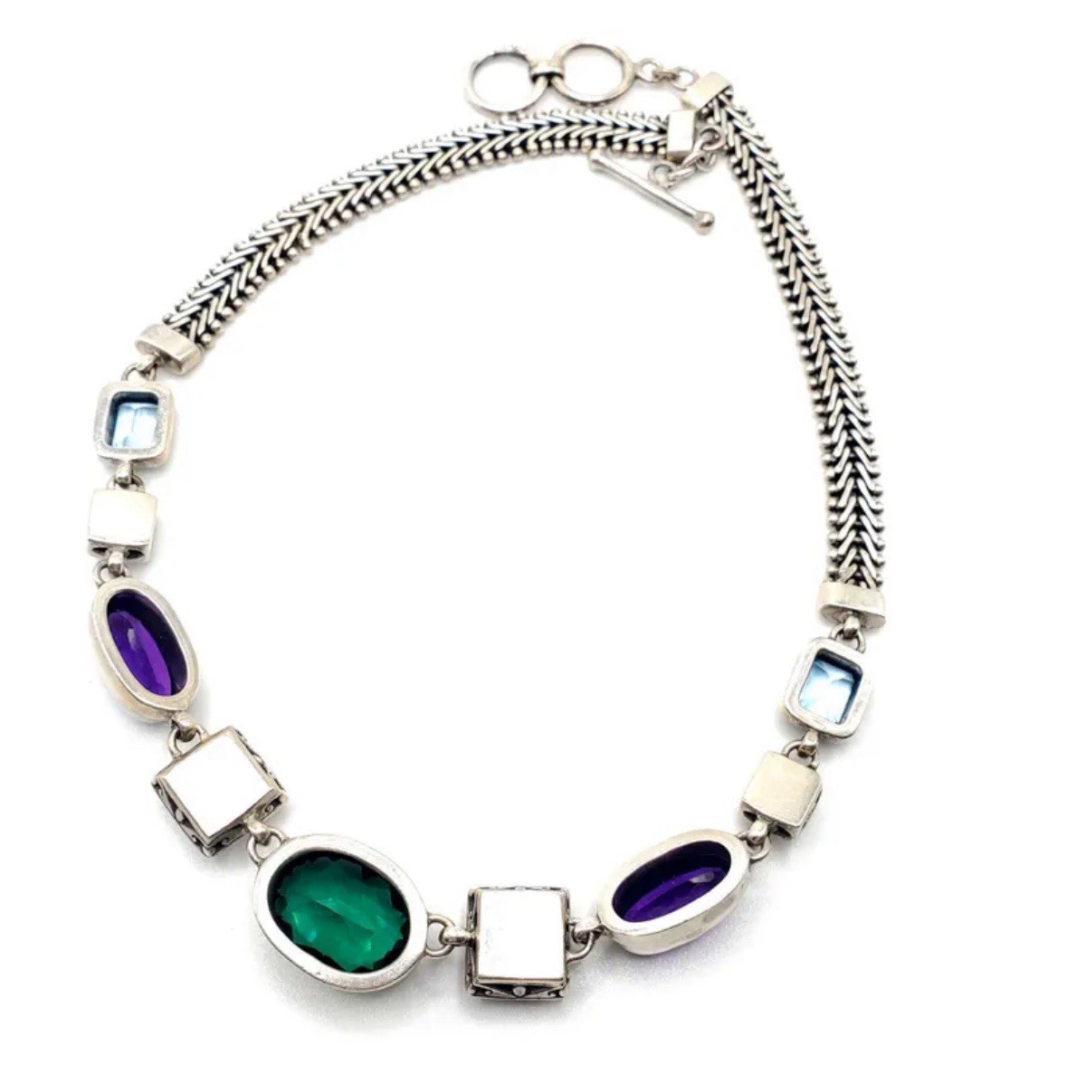 Vintage Sterling Silver Green,Purple,Blue Glass Double Cable Toggle Necklace