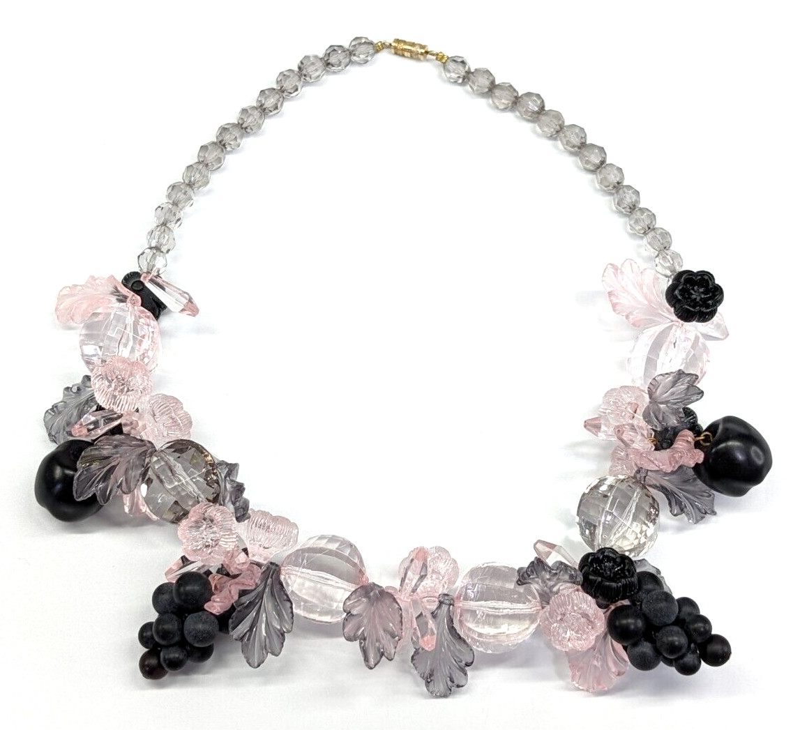 Vintage Pink Purple Black Acrylic Leaves Grapes Vine Beaded Statement Necklace