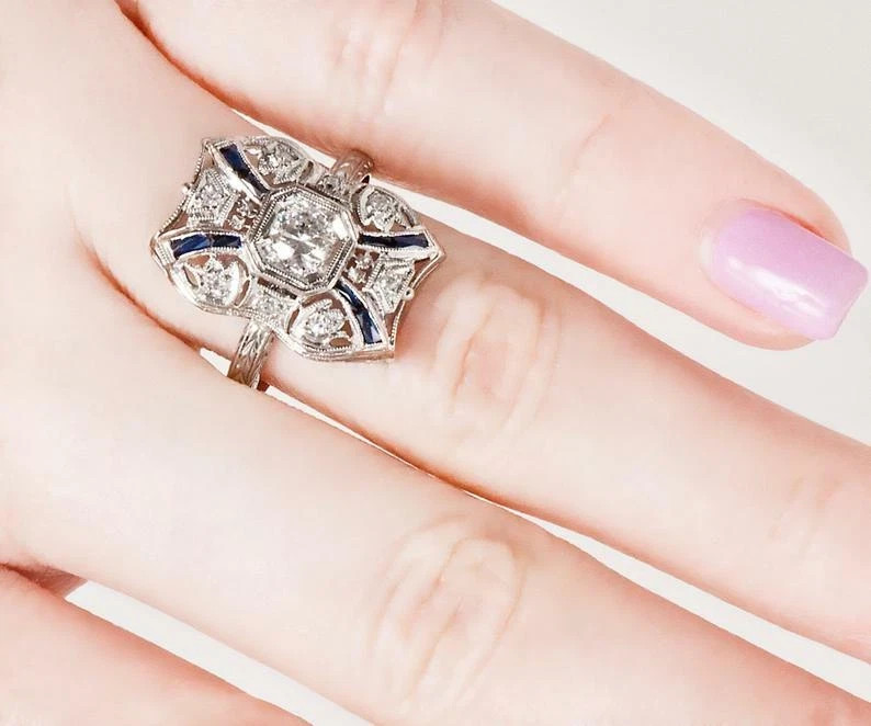 Art Deco Style 1.2Ct Lab Created Diamond Sapphire Wedding Ring 14K White Gold FN