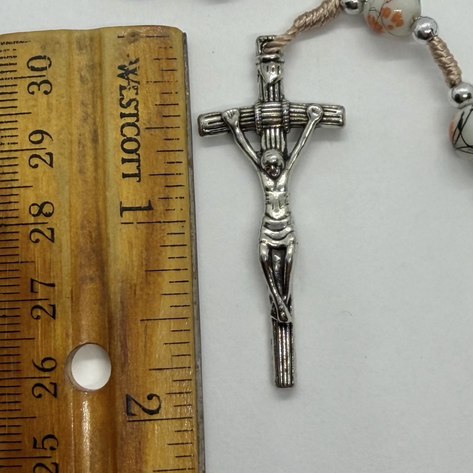 Vtg Catholic Religious Orange Rosary Glass Beads Necklace Silvertone Prayer