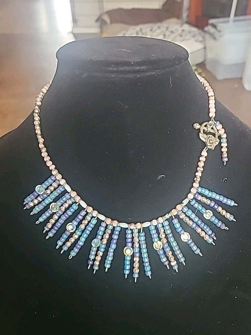 Vintage Artisan Crafted 925 Toggle Side Clasp Tassel Necklace Blue Pinks Silver