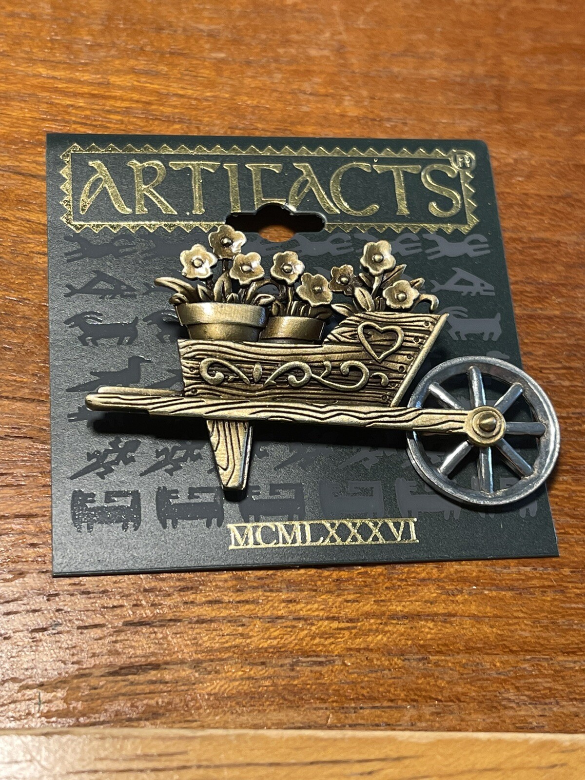 JJ Jonette Jewelry Pewter Articulating Wheelbarrow & Flowers Brooch Pin