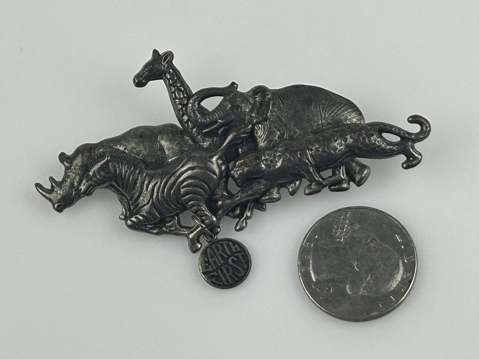 Vintage Animal Safari African Savannah Earth First Brooch Zebra Giraffe Elephant