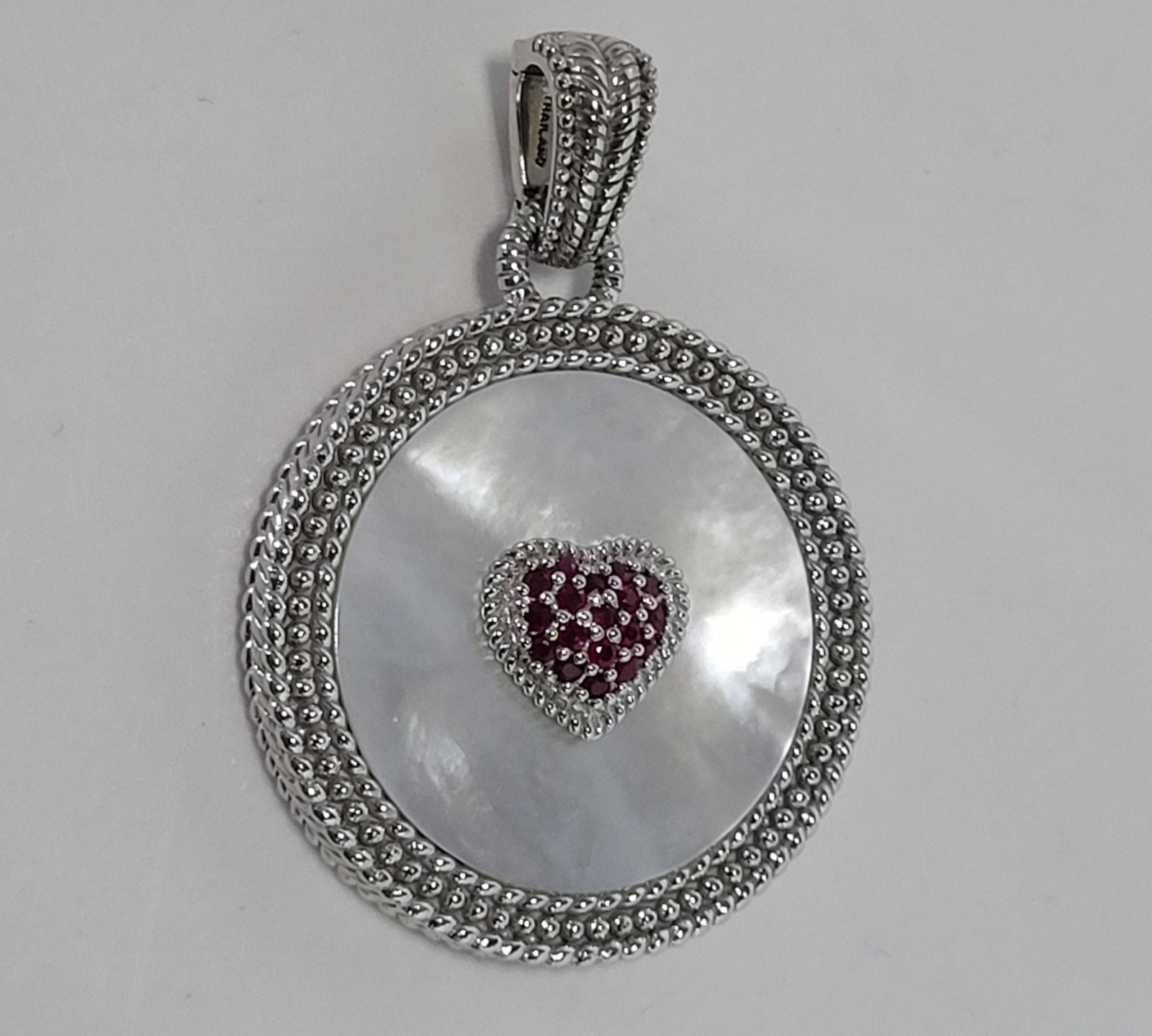 Judith Ripka Round MOP Sterling Enhancer Pendant w/ Pave Ruby Heart