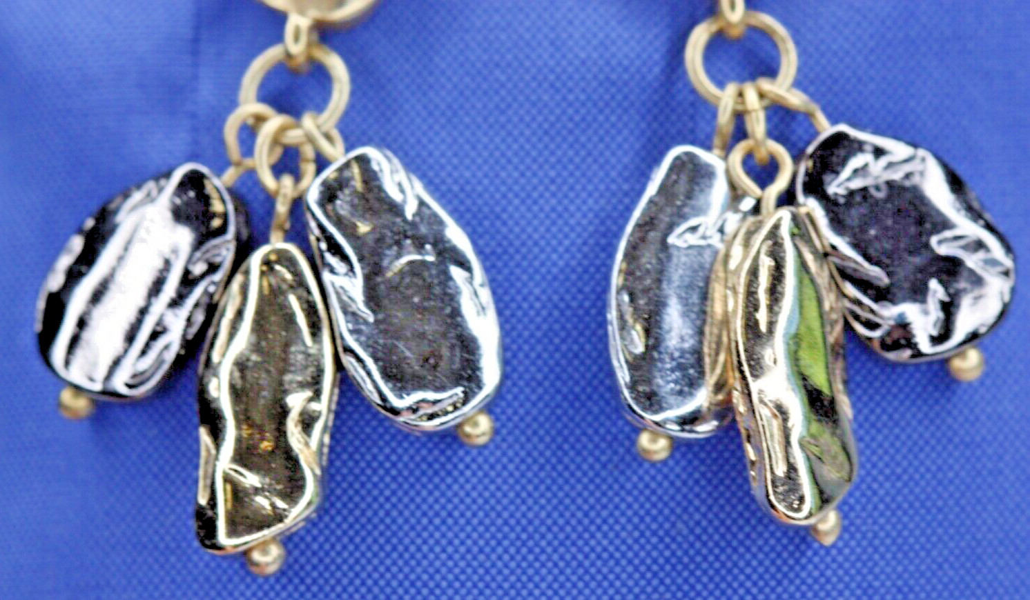 Hammered Tri-Tone Gold Silver Hematite Dangle Drop Beaded Pierced Post Earrings